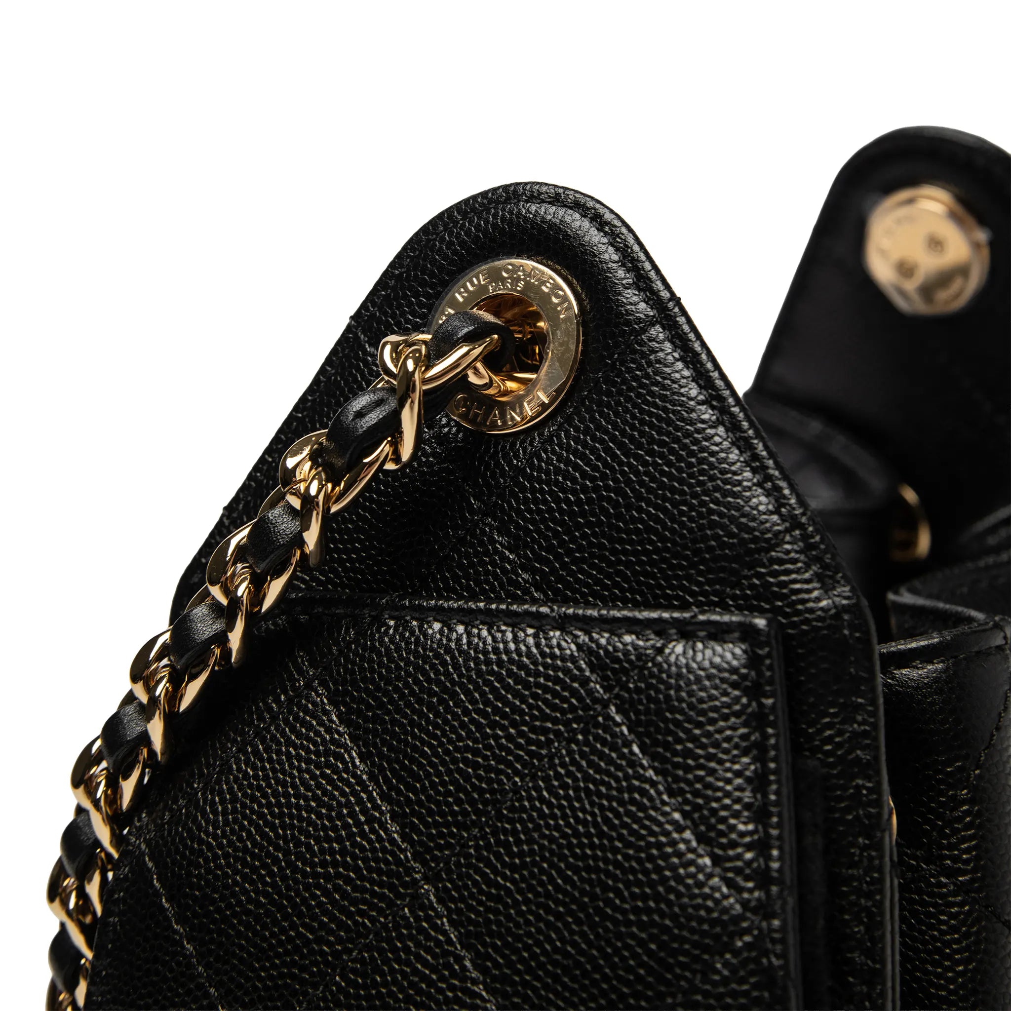Detailed View of Chanel 25 Grained Calfskin Gold Tone Metal Black Mini Handbag