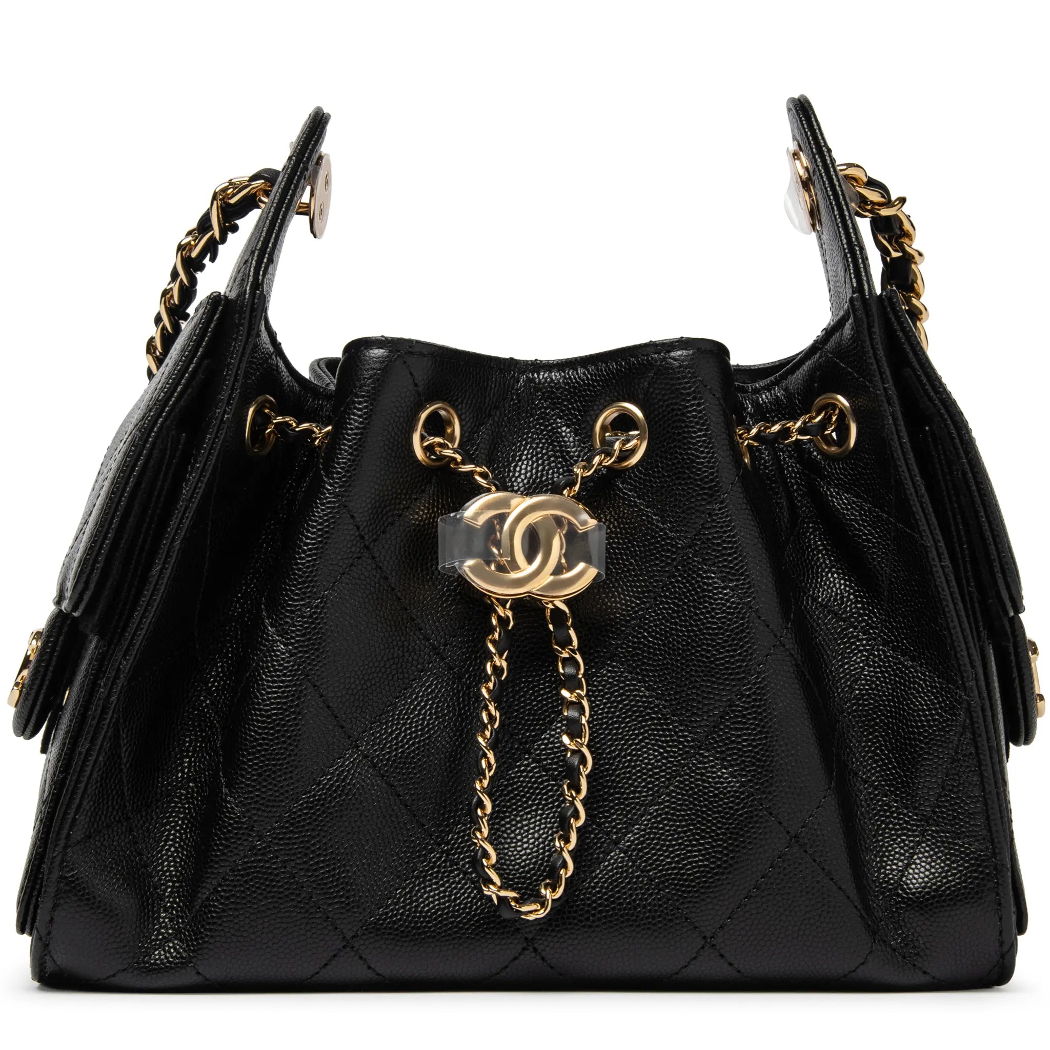 Front View of Chanel 25 Grained Calfskin Gold Tone Metal Black Mini Handbag
