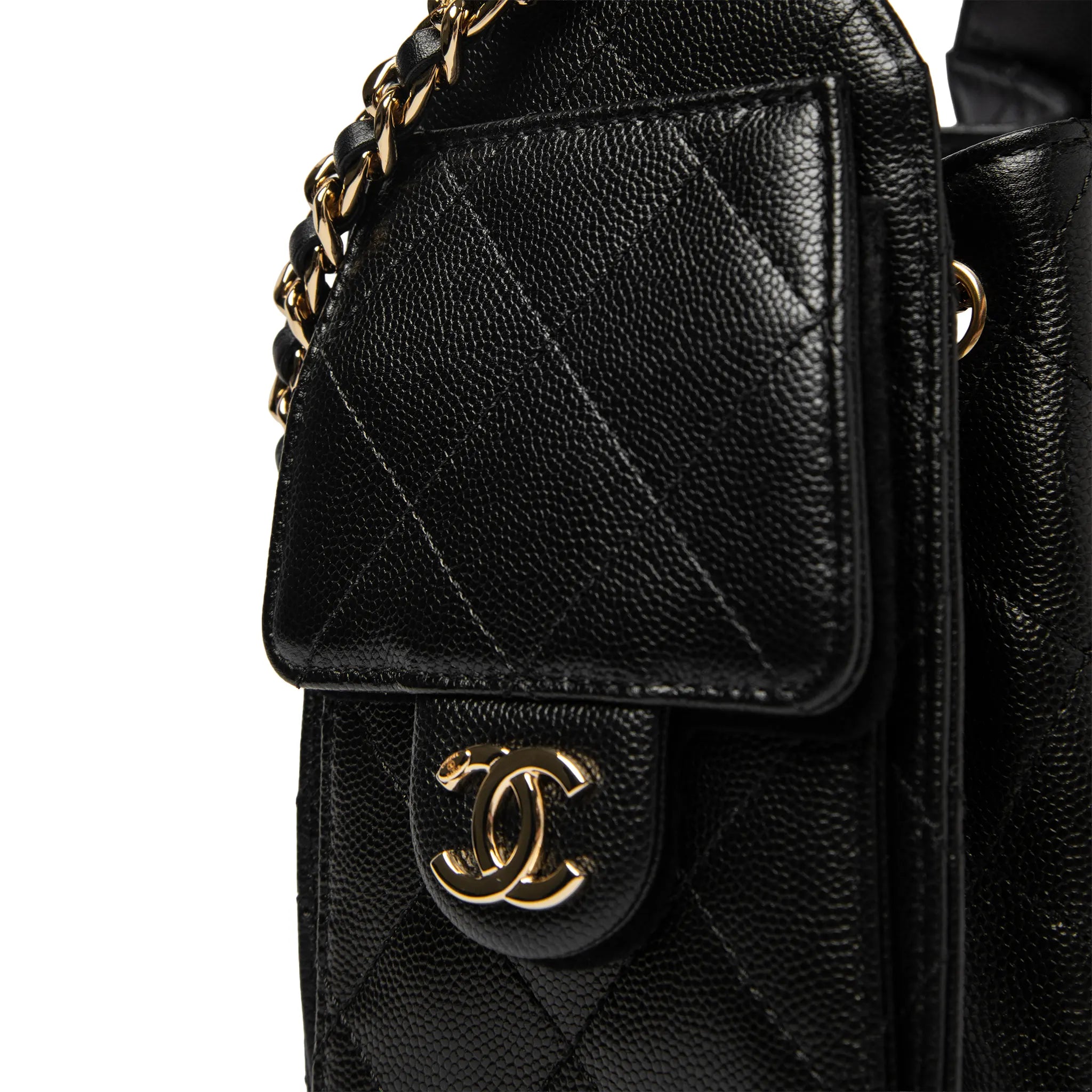 Detailed Side View of Chanel 25 Grained Calfskin Gold Tone Metal Black Mini Handbag