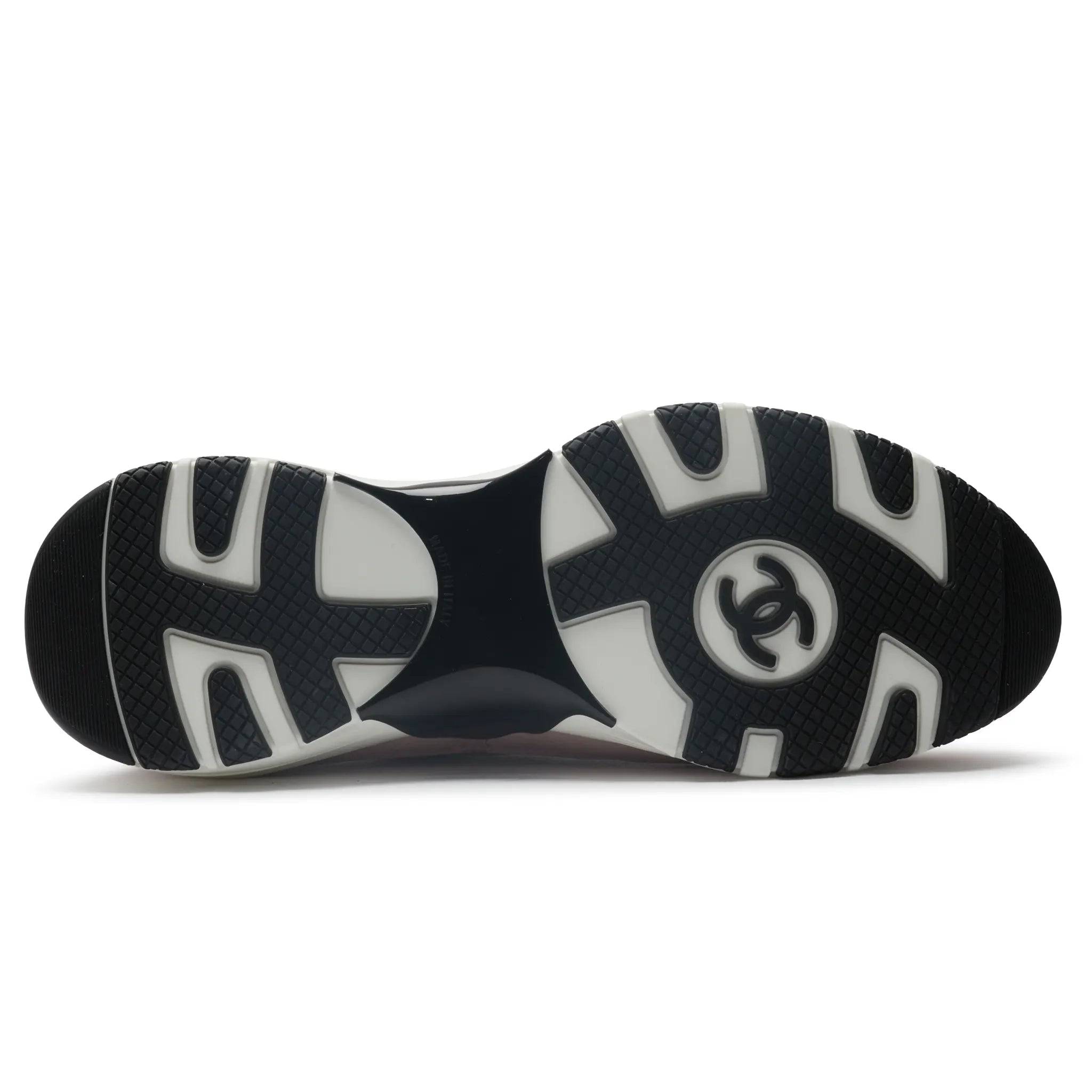 Sole View of Chanel CC Logo Suede Calfskin Grosgrain Light Pink Black Trainers (W) G47010-B23026-U6221