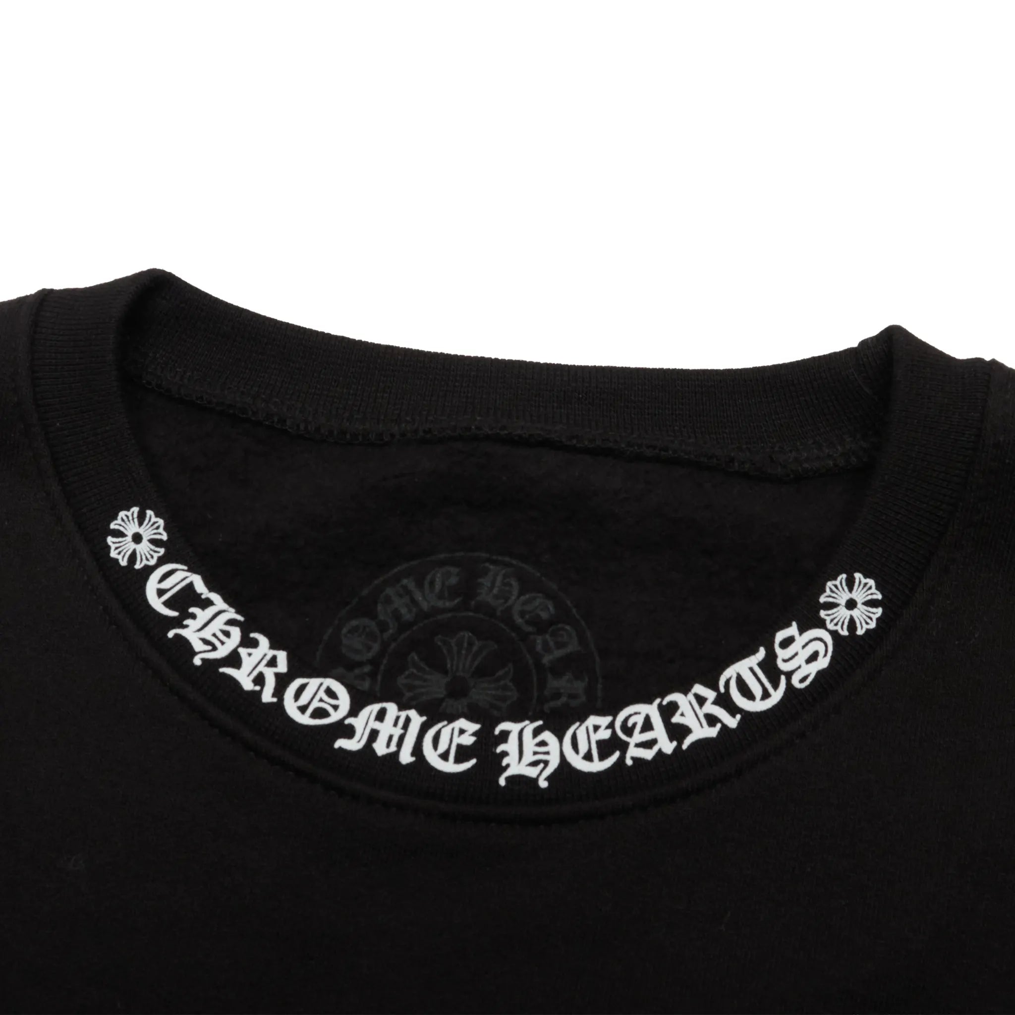 Detailed Neck View of Chrome Hearts 1998 Neck Logo Black White Sweatshirt 1383 1FW220106NLCS-BLAC