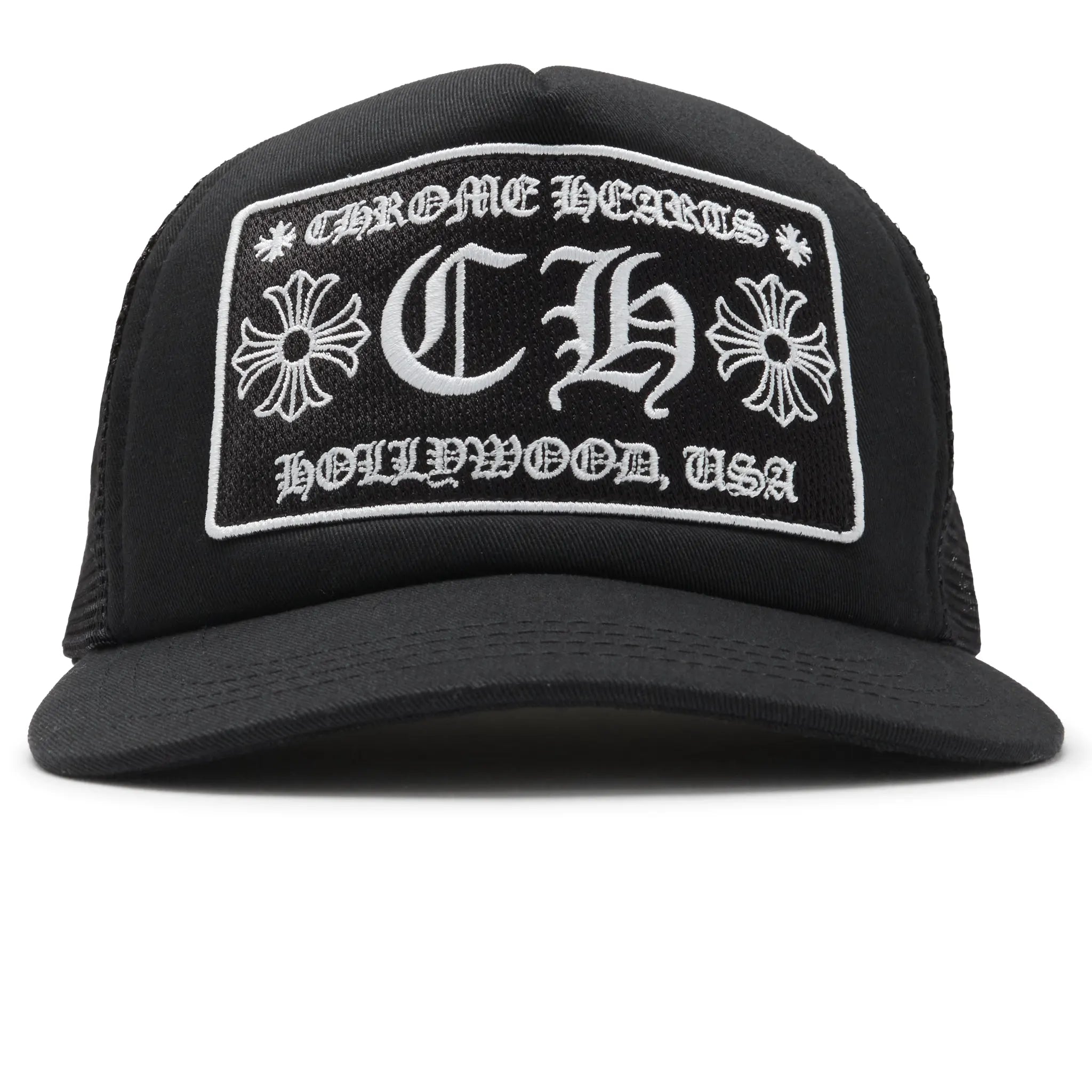 Front View of Chrome Hearts CH Hollywood Usa Black Trucker Cap