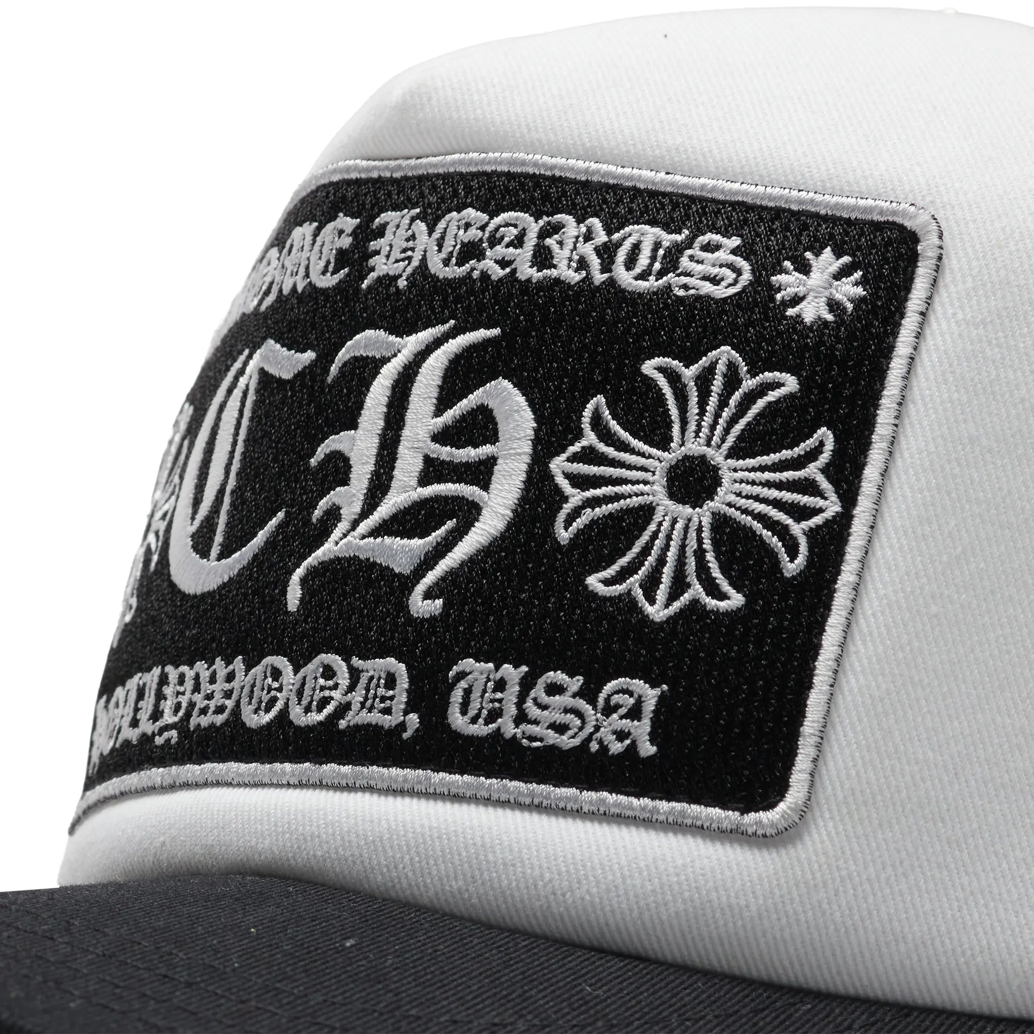 Detailed Front View of Chrome Hearts CH Hollywood White Black Trucker Cap 1383 100000701CHTH-BLWT