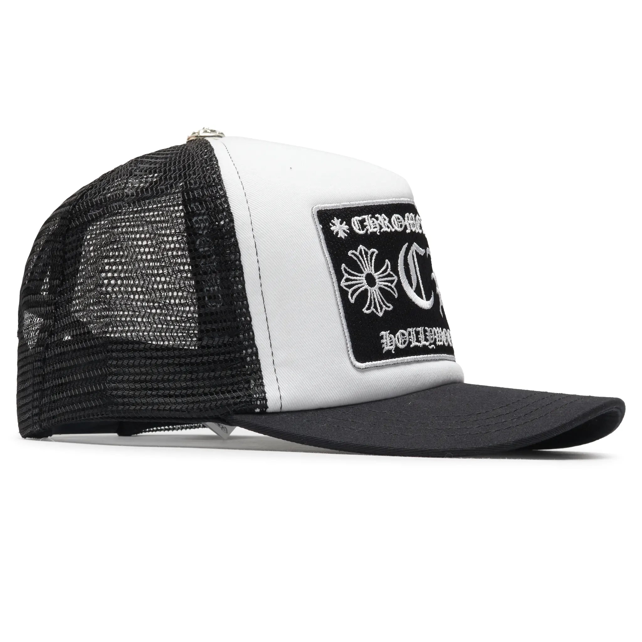 Front Side View of Chrome Hearts CH Hollywood White Black Trucker Cap 1383 100000701CHTH-BLWT