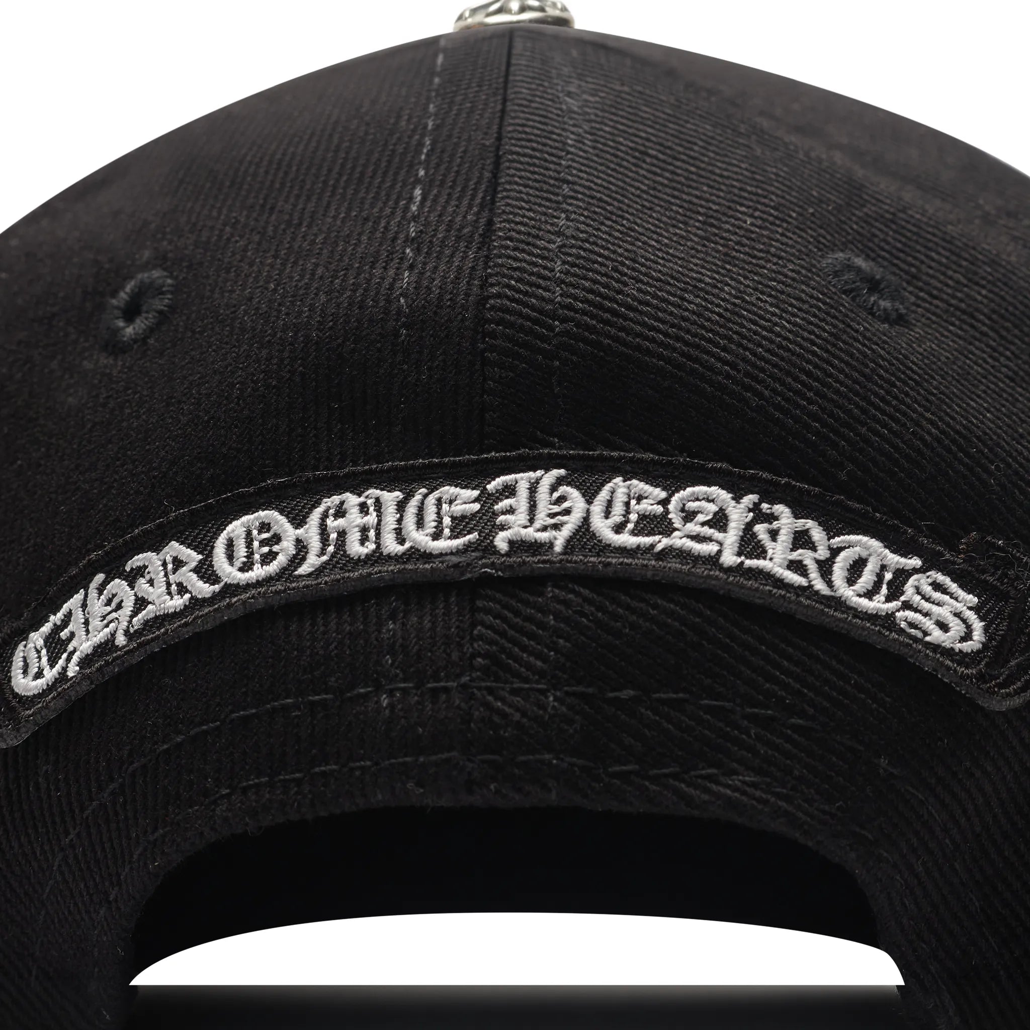 Detailed Back View of Chrome Hearts Embroidered Scroll Black White Baseball Cap