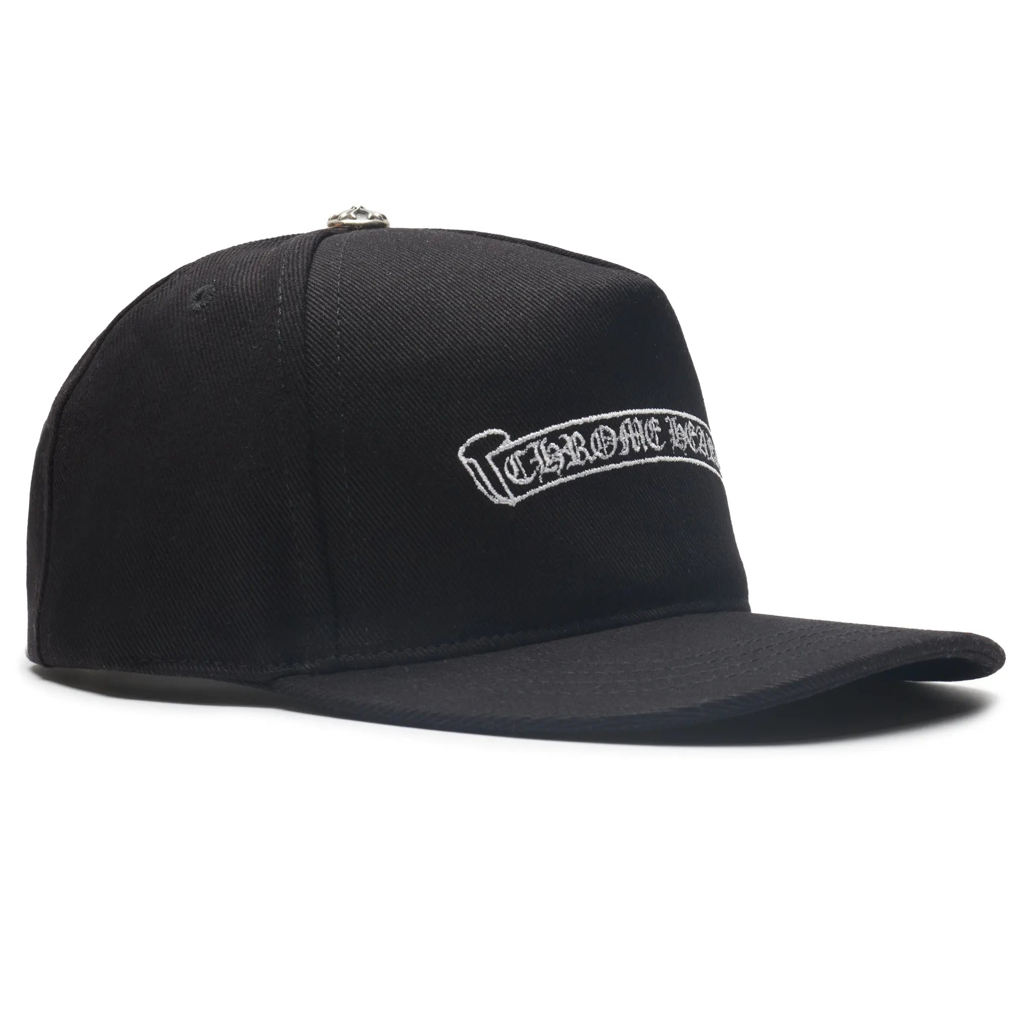 Front Side View of Chrome Hearts Embroidered Scroll Black White Baseball Cap