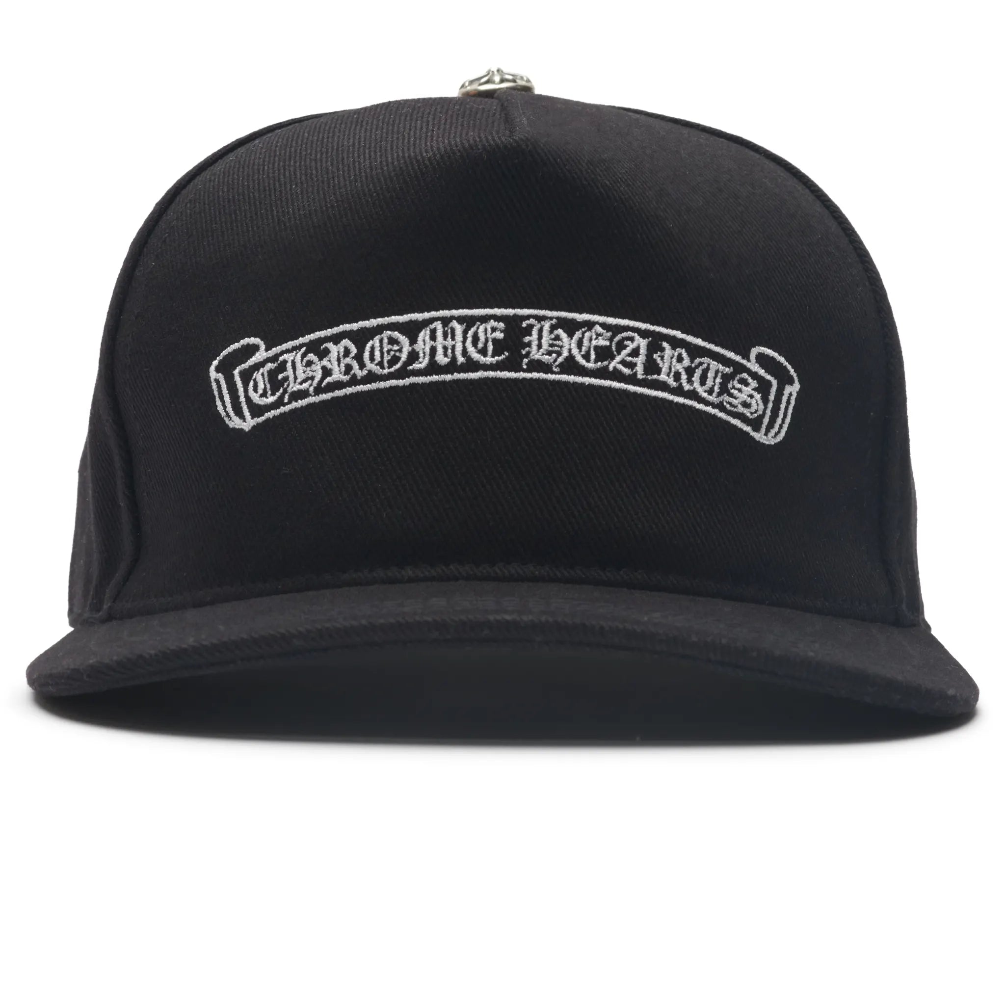 Front View of Chrome Hearts Embroidered Scroll Black White Baseball Cap