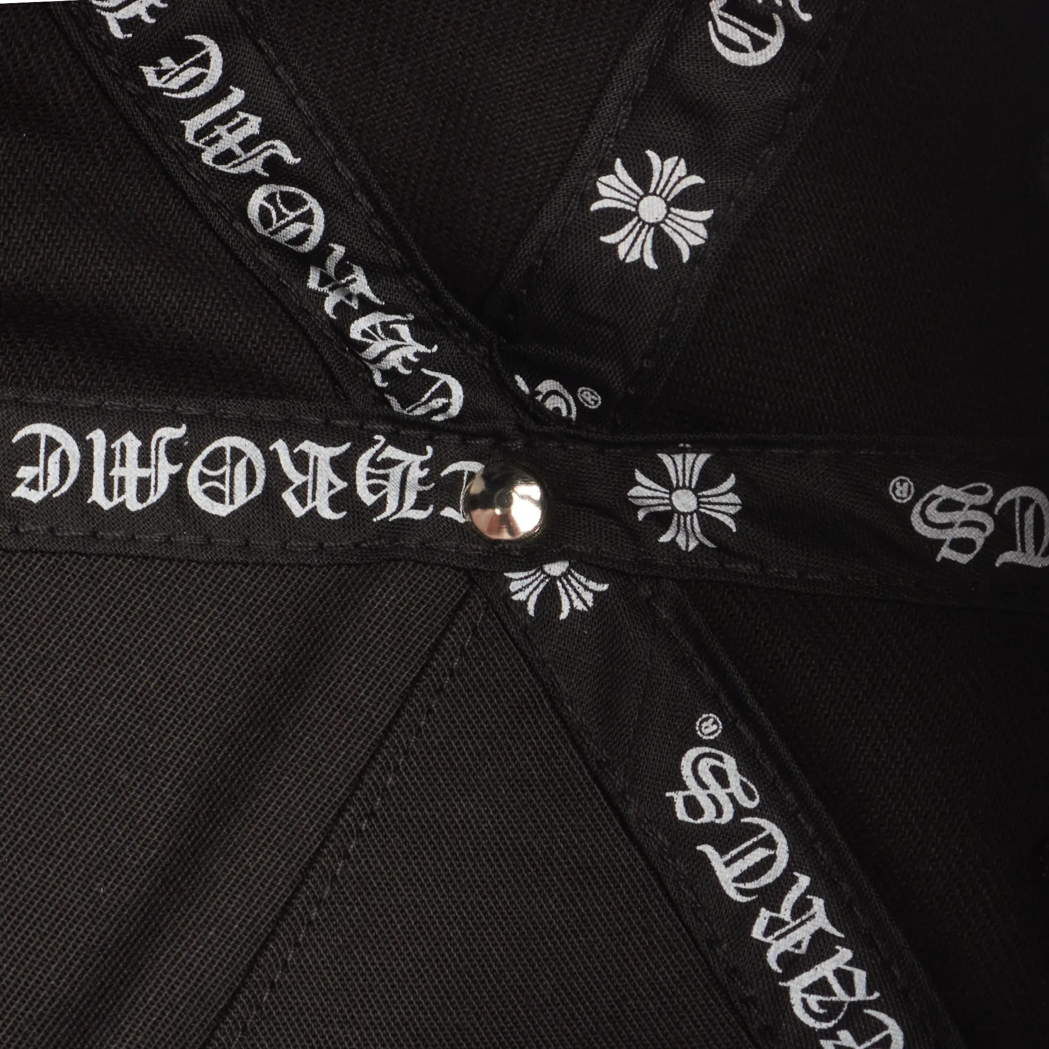 Inside Detailed View of Chrome Hearts Embroidered Scroll Black White Baseball Cap