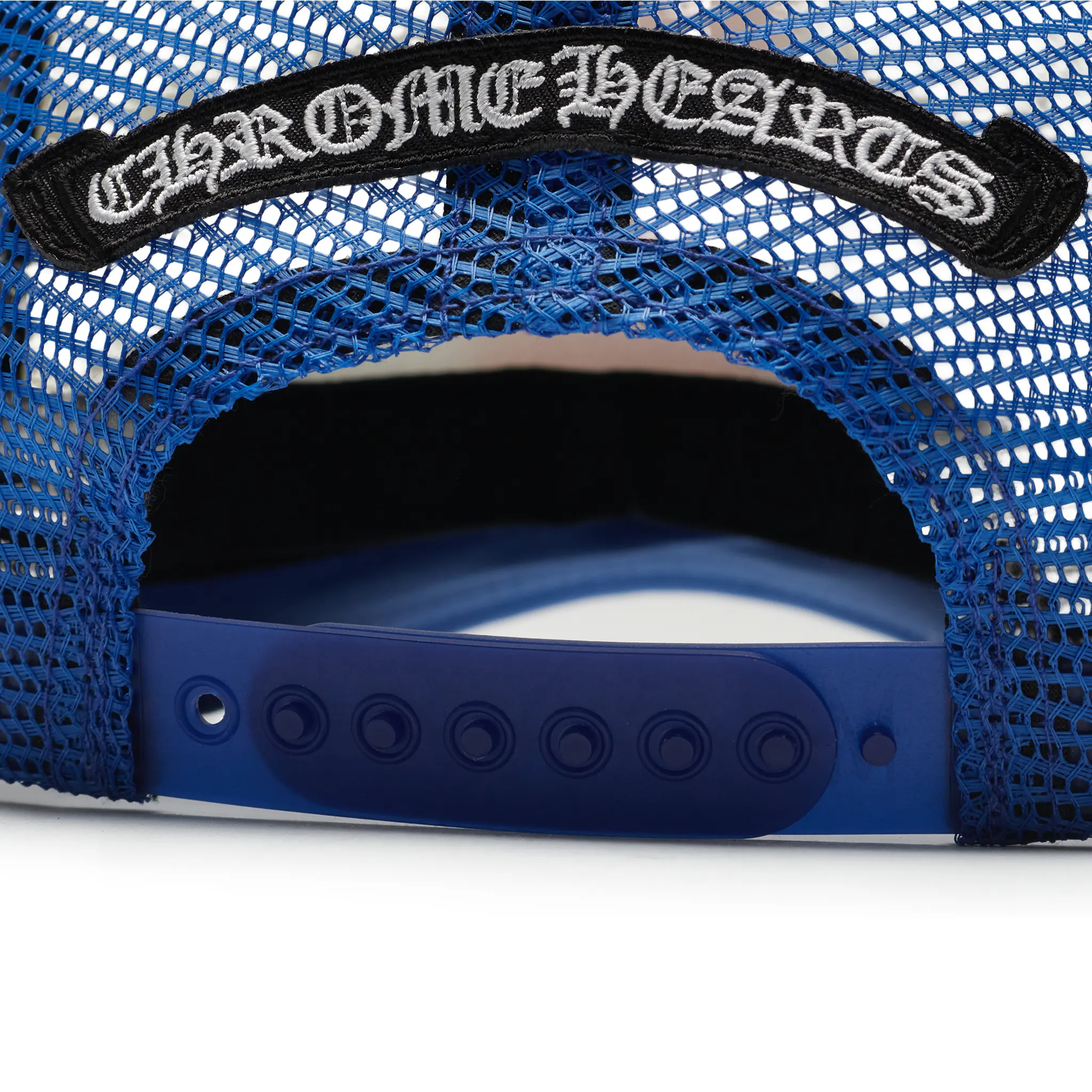 Detailed Back View of Chrome Hearts Eyechart Blue White Red Trucker Cap 01383 1SS2407CHETHB-BLUE