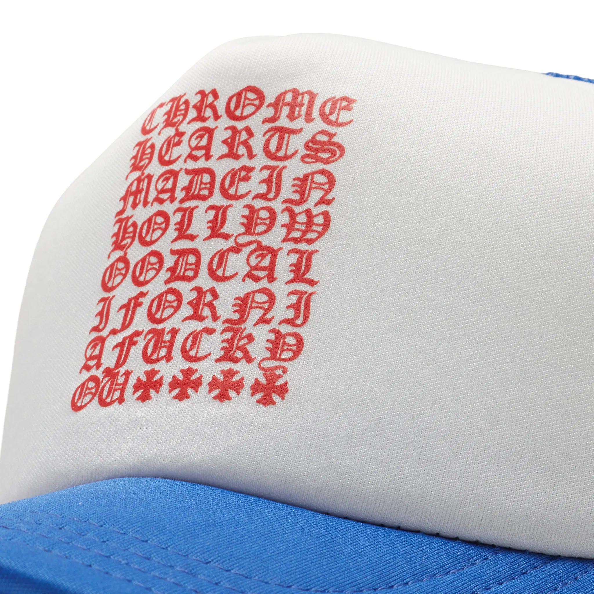 Detailed View of Chrome Hearts Eyechart Blue White Red Trucker Cap 01383 1SS2407CHETHB-BLUE