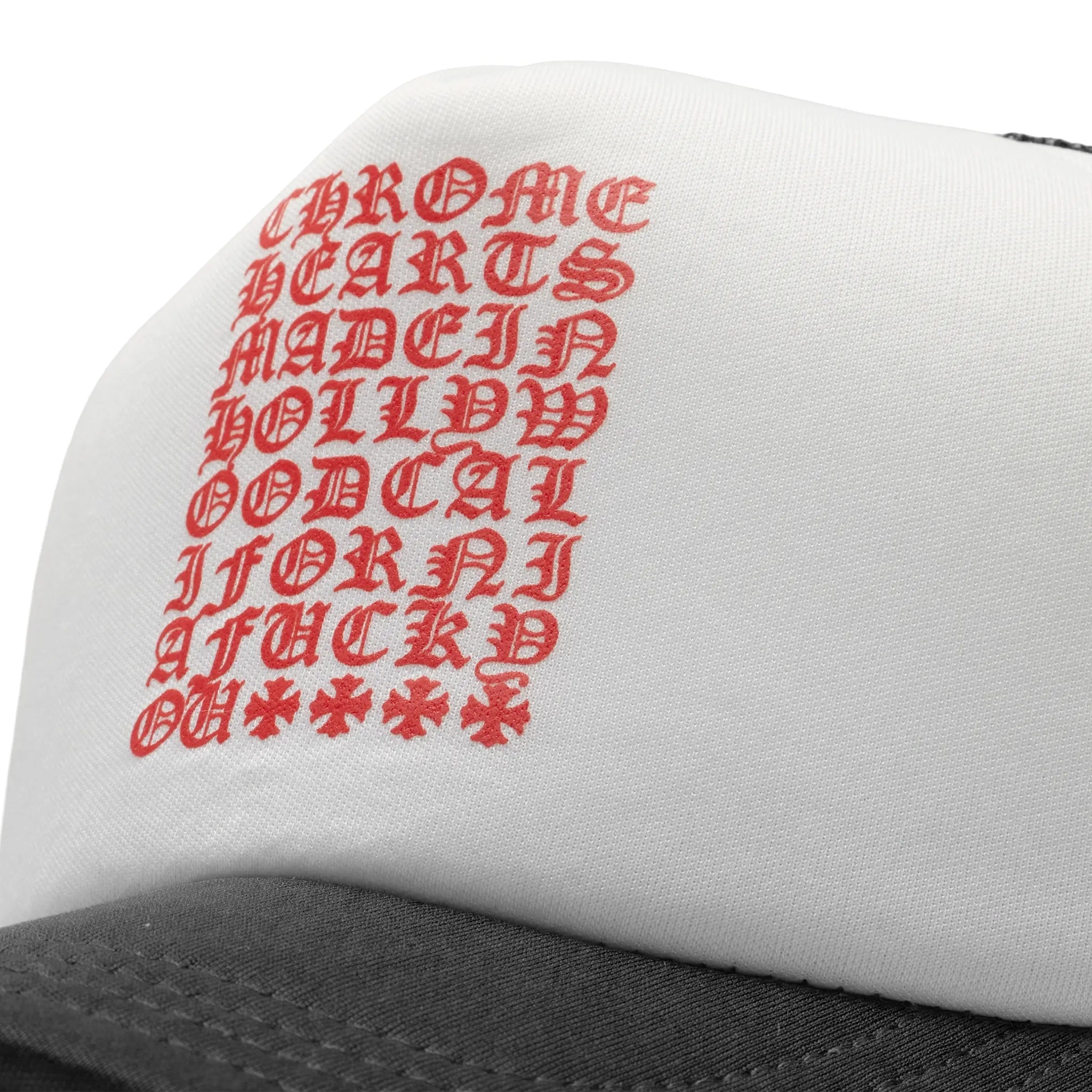 Detailed View of Chrome Hearts Eyechart Black White Red Trucker Cap n033 090794-BLACK