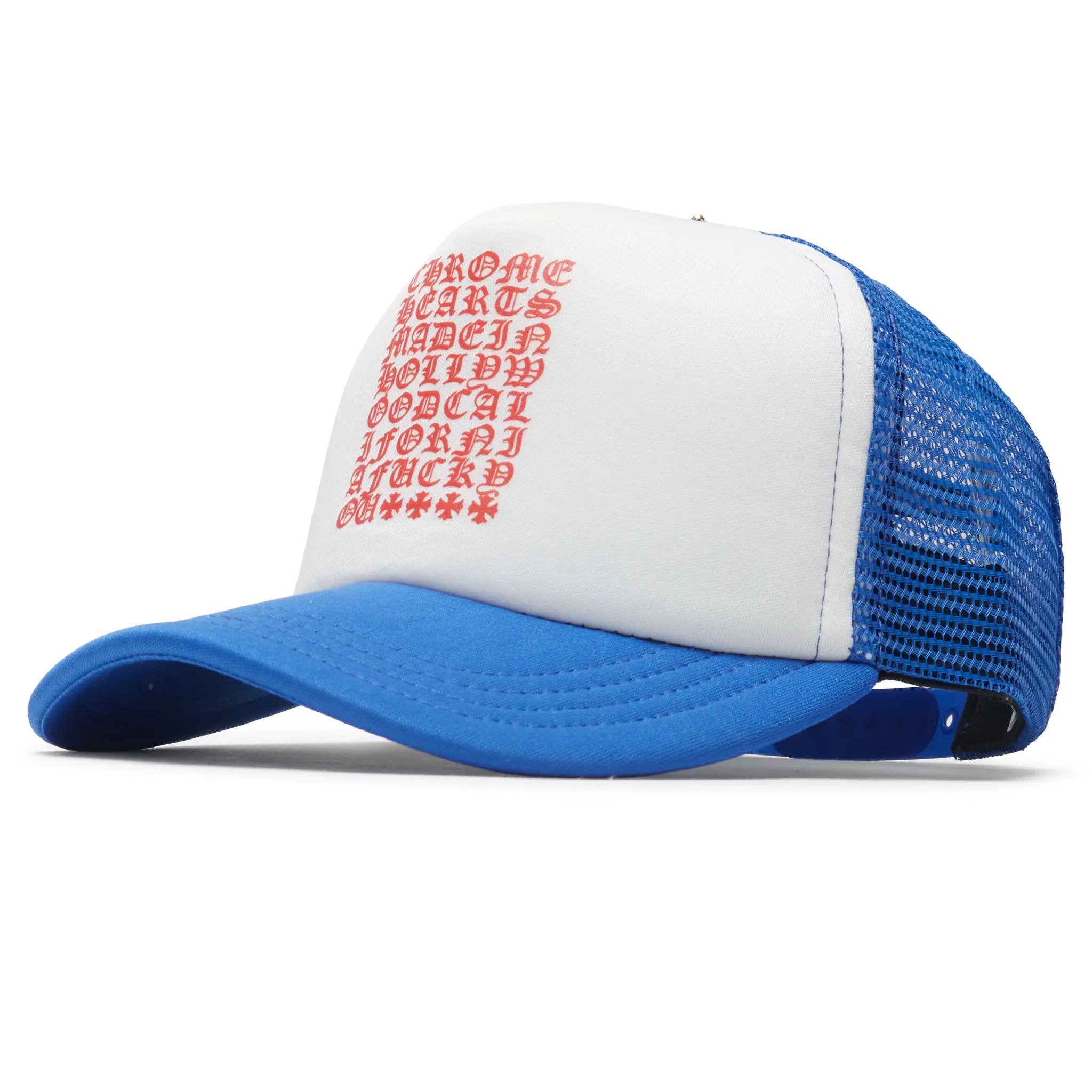 Detailed Front View of Chrome Hearts Eyechart Blue White Red Trucker Cap 01383 1SS2407CHETHB-BLUE
