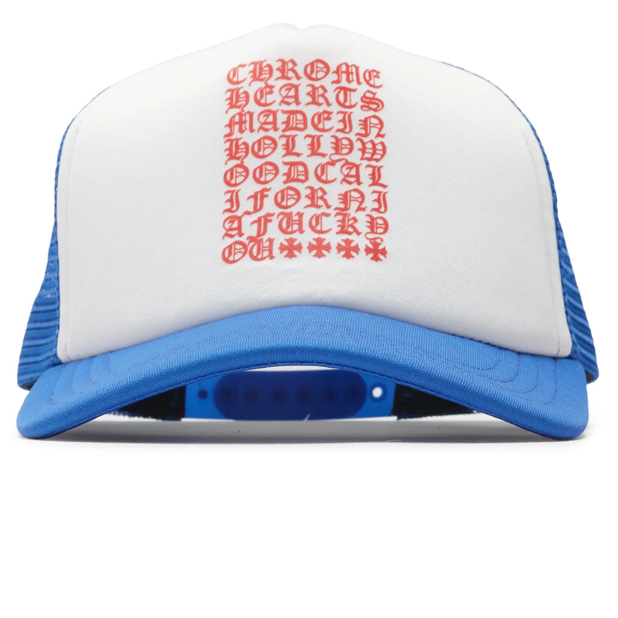 Front View of Chrome Hearts Eyechart Blue White Red Trucker Cap 01383 1SS2407CHETHB-BLUE