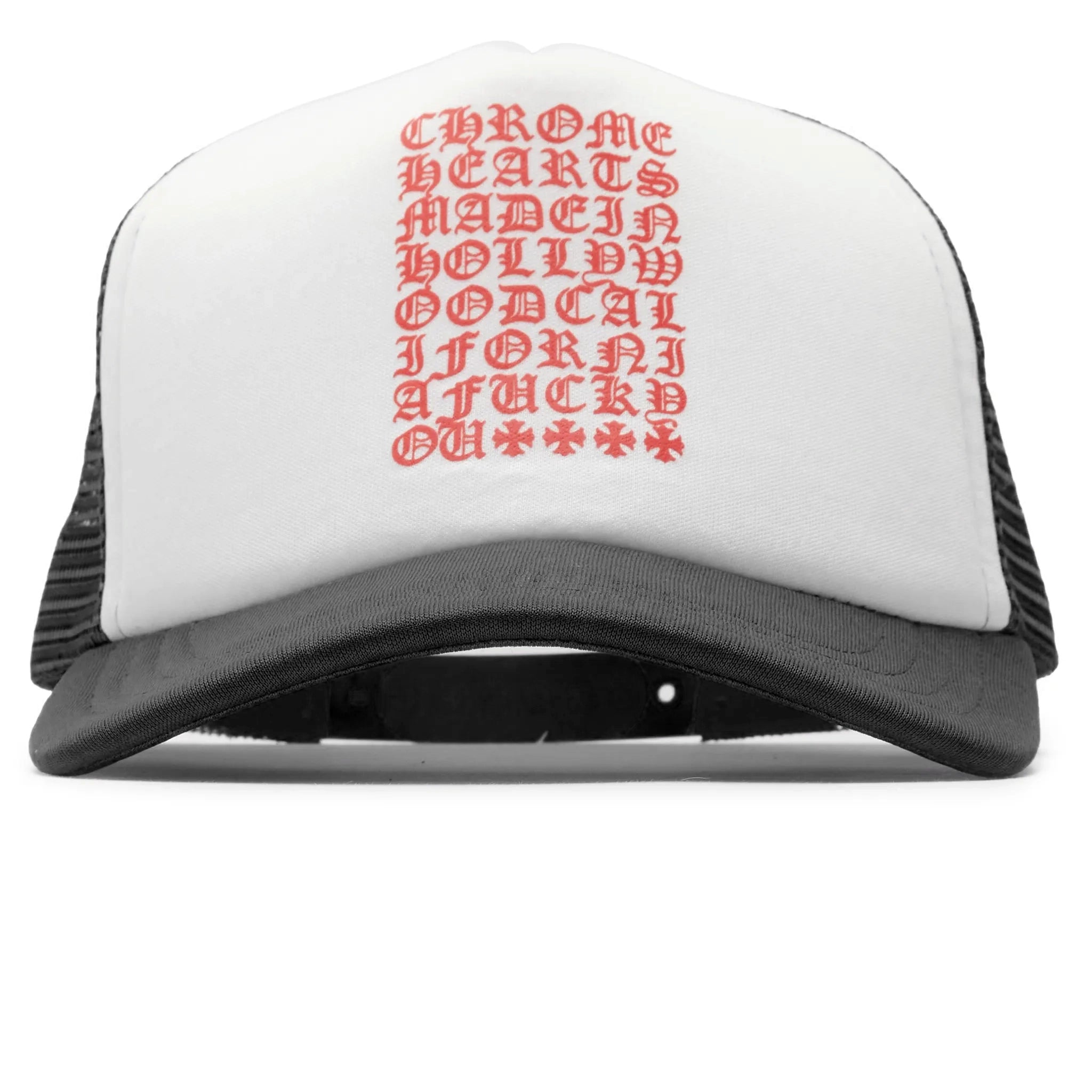 Front View of Chrome Hearts Eyechart Black White Red Trucker Cap n033 090794-BLACK