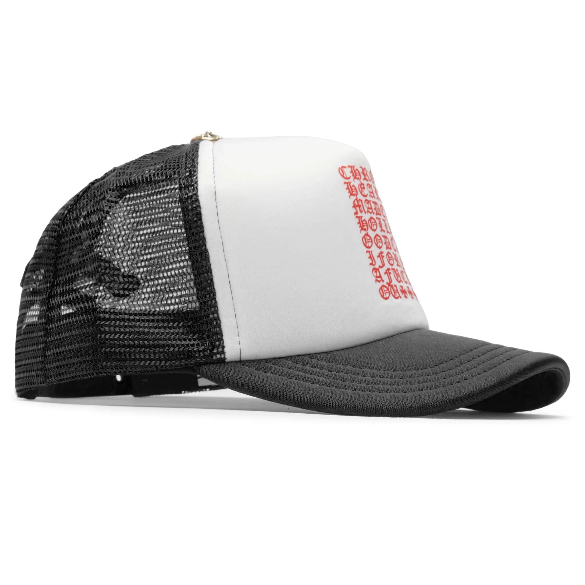 Front Side View of Chrome Hearts Eyechart Black White Red Trucker Cap n033 090794-BLACK