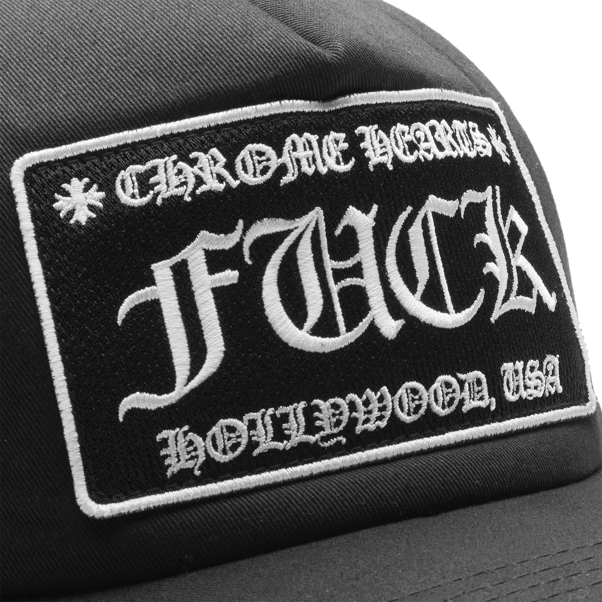 Logo view of Front view of Chrome Hearts Fuck Hollywood Black Trucker Cap