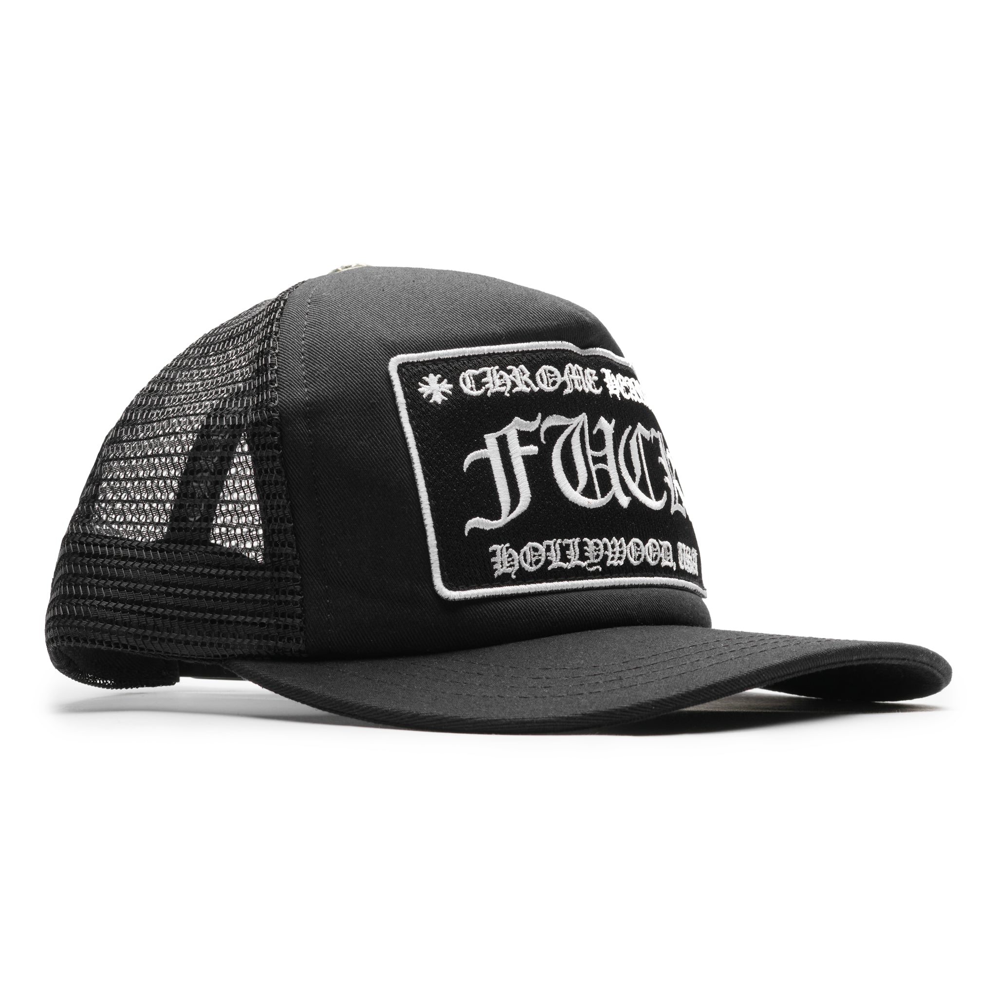 Front side view of Chrome Hearts Fuck Hollywood Black Trucker Cap