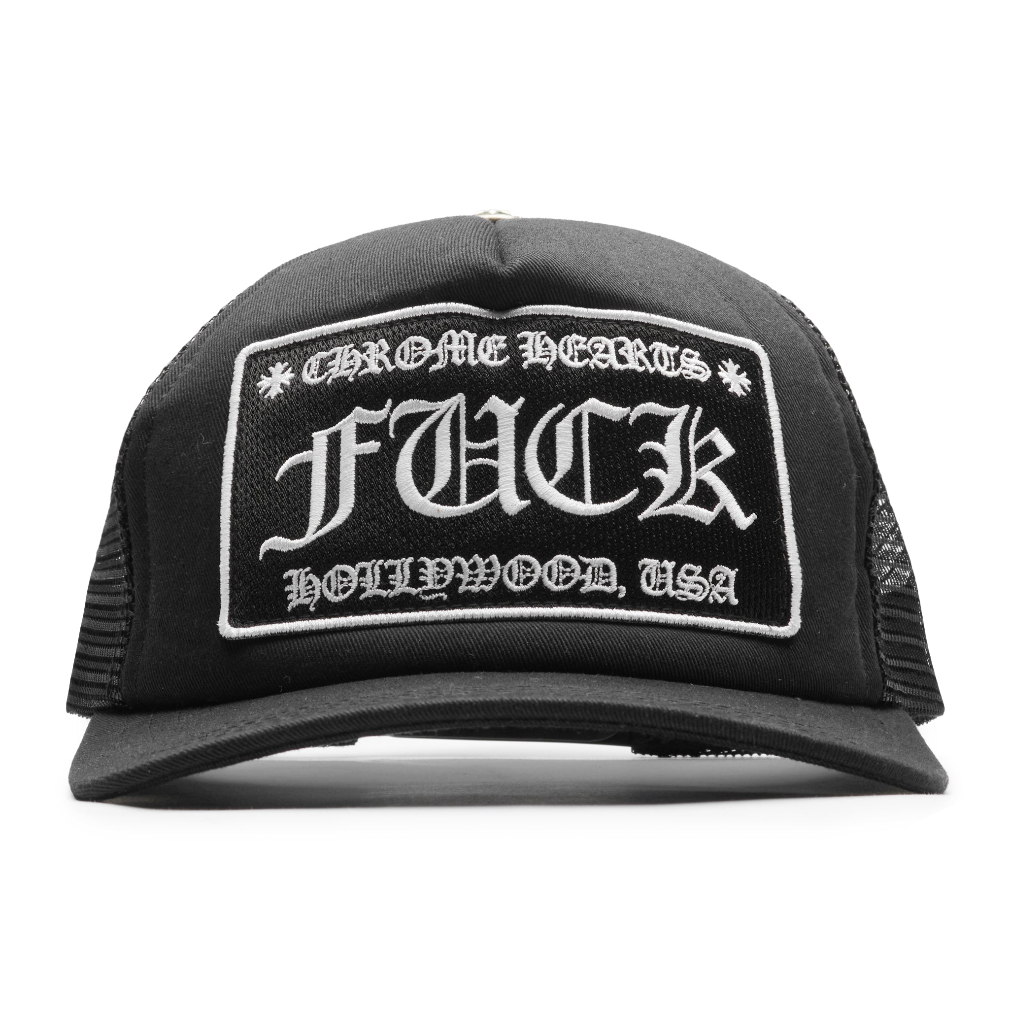 Front view of Chrome Hearts Fuck Hollywood Black Trucker Cap