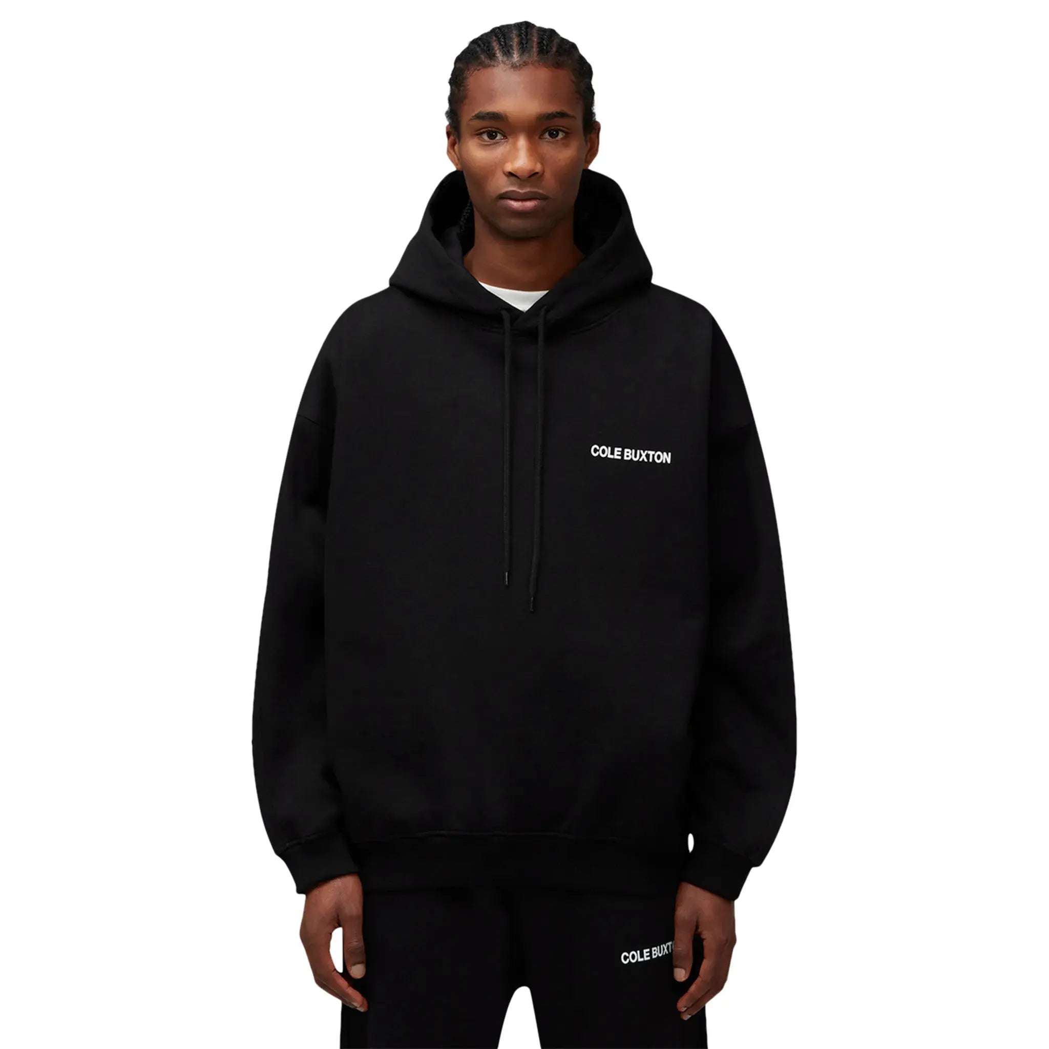 Model front view of Cole Buxton CB Sportswear Black Hoodie SS23SPHO001-000