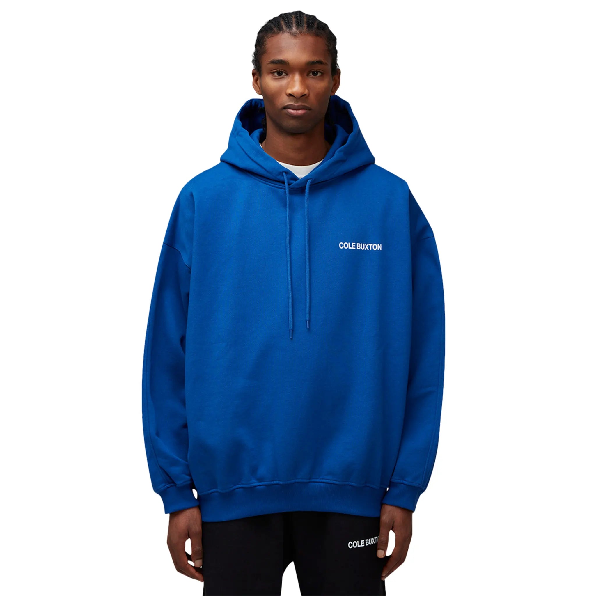 Model front view of Cole Buxton CB Sportswear Cobalt Blue Hoodie SS23SPHO001-410