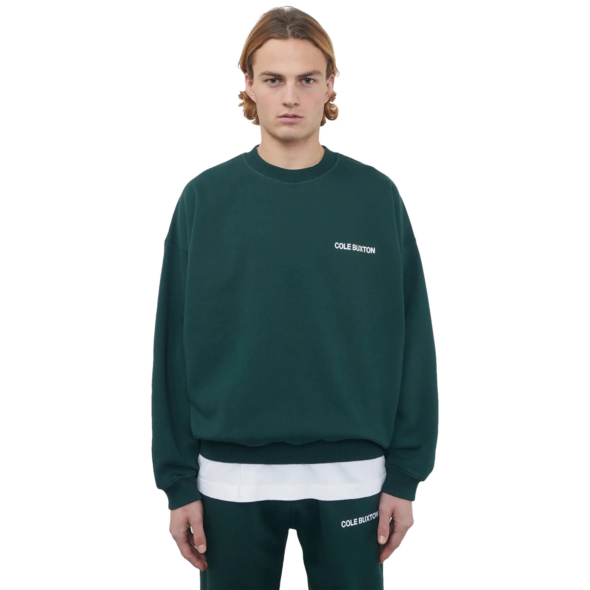 Model Front view of Cole Buxton CB Sportswear Forest Green Sweatshirt ss23spsw001-610