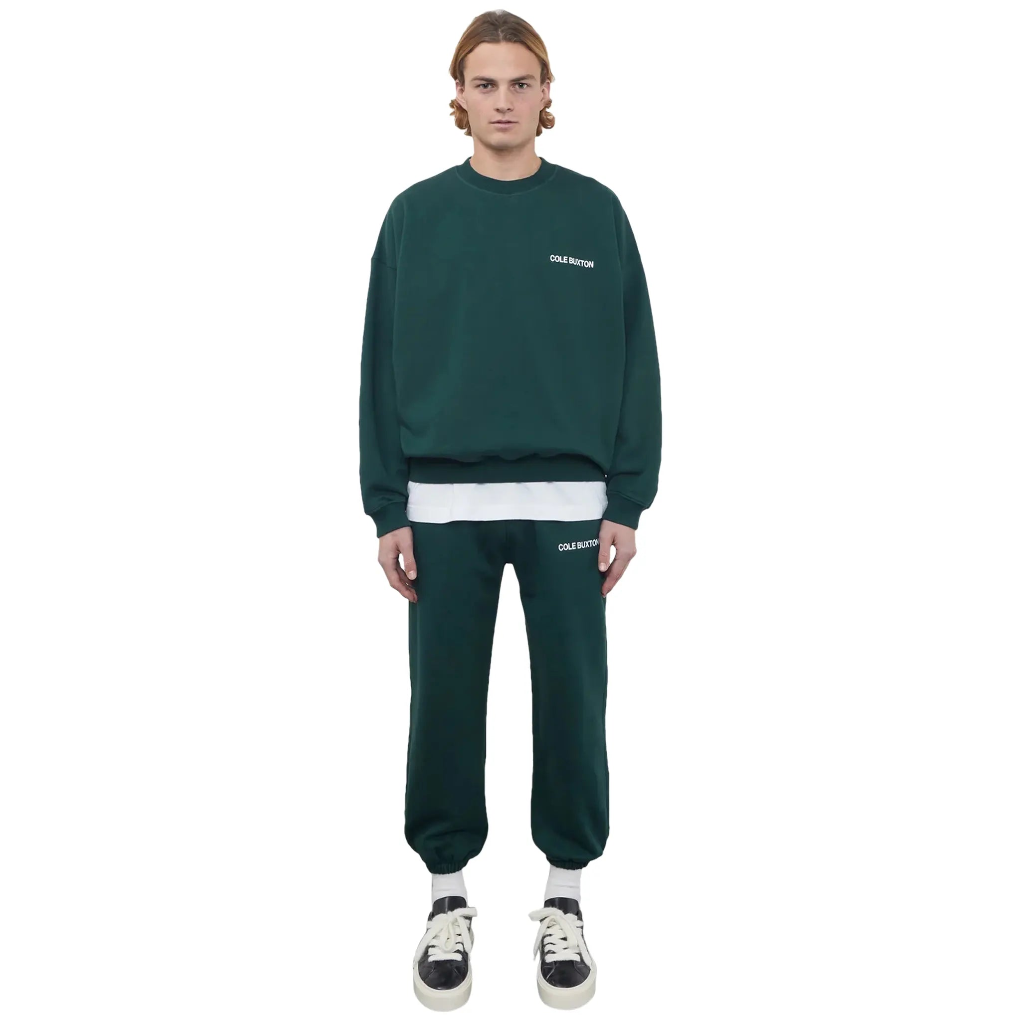 Model view of Cole Buxton CB Sportswear Forest Green Sweatshirt ss23spsw001-610