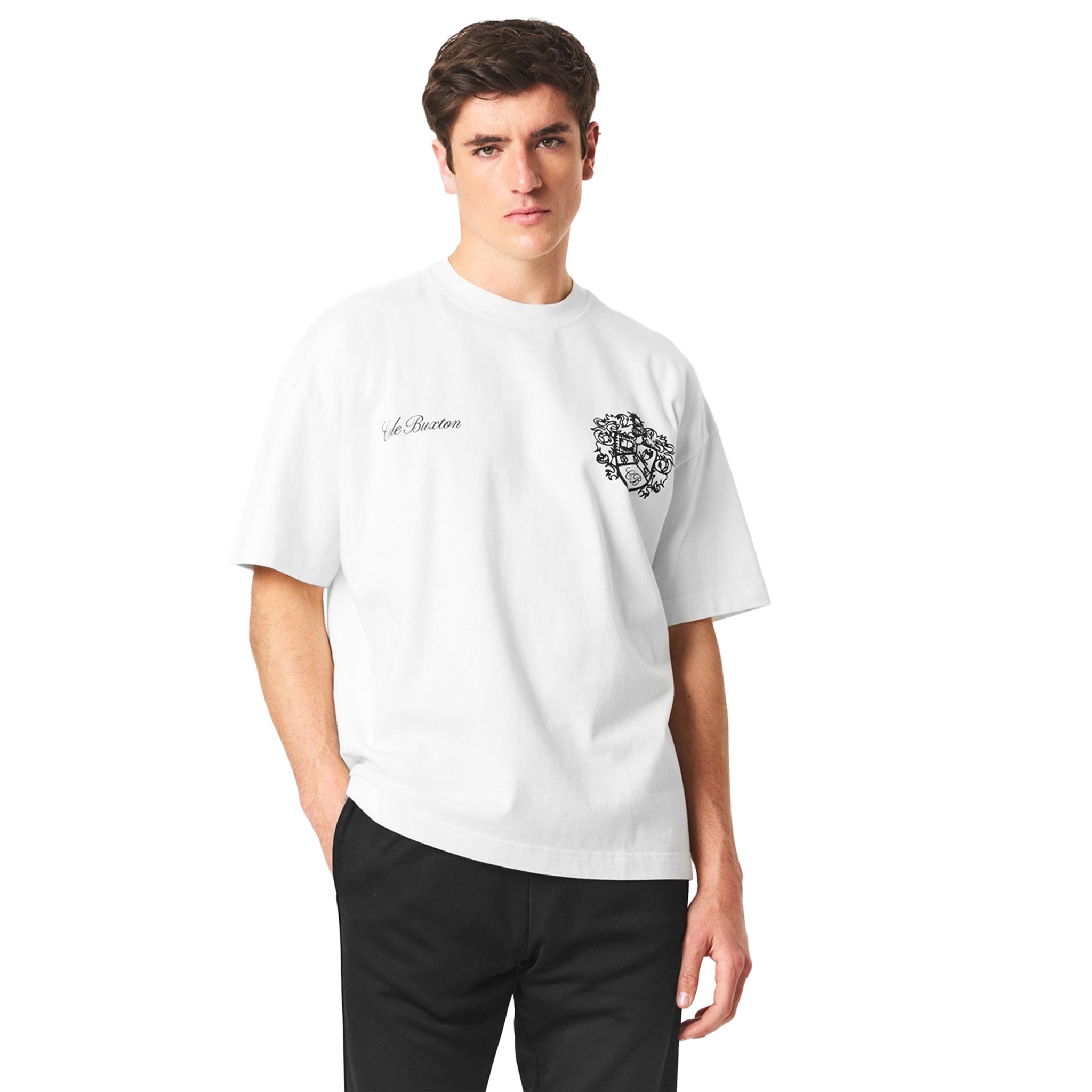 Model front view of Cole Buxton Collegiate White T Shirt 
