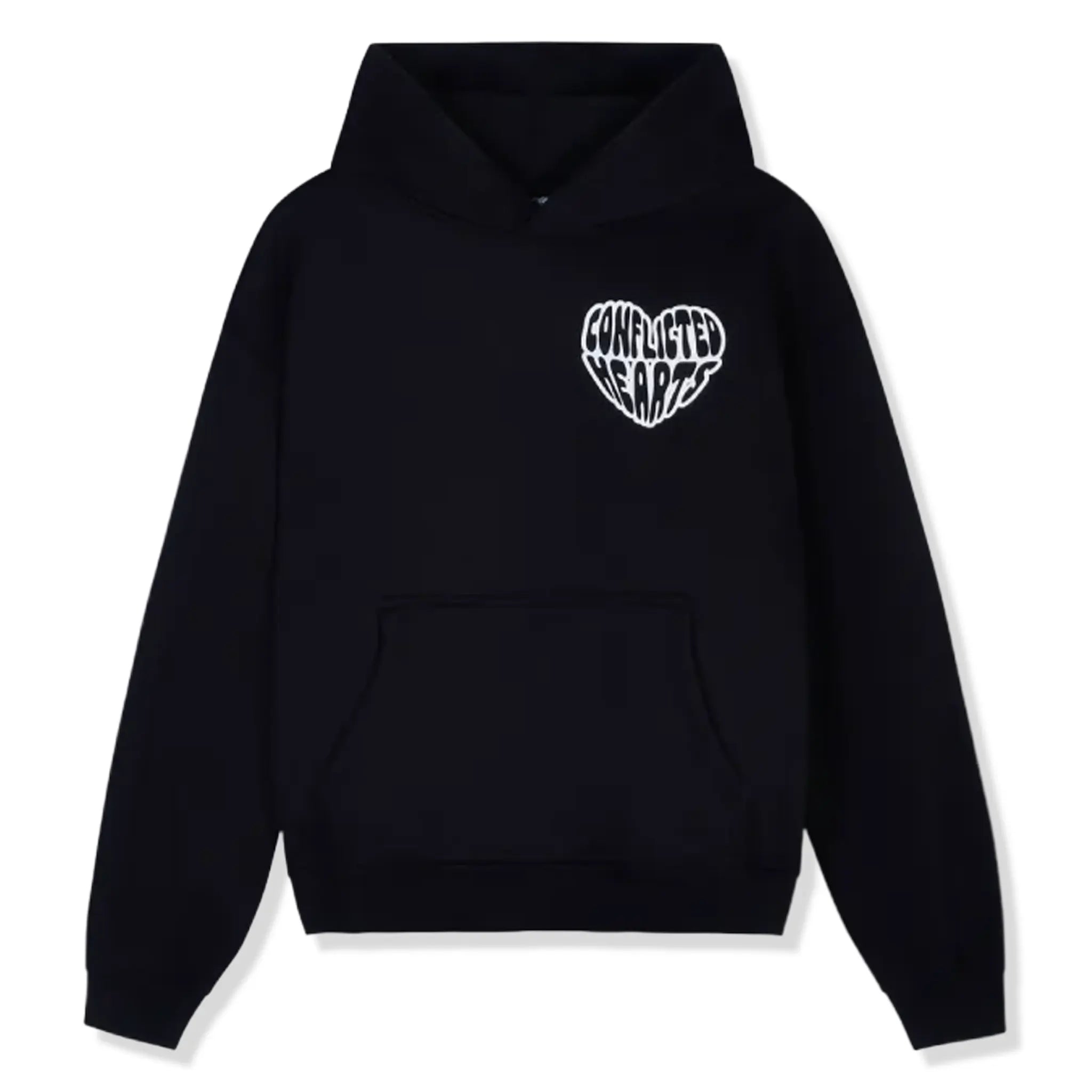 Front View of Conflicted Hearts Basics Black Hoodie