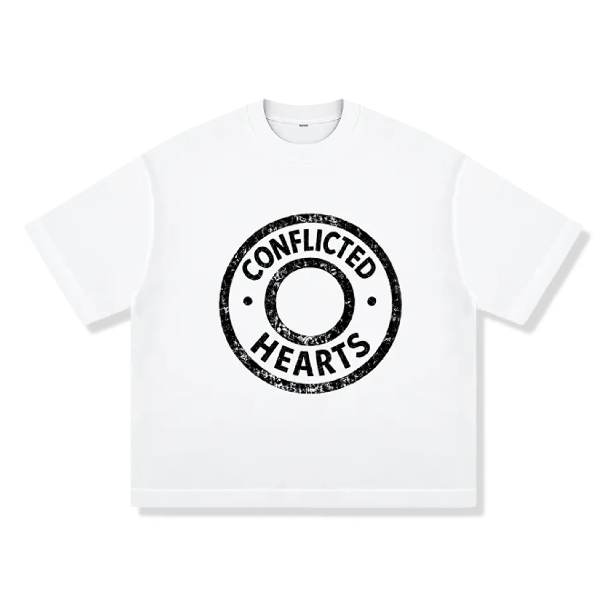 Front View of Conflicted Hearts Classic White T-Shirt