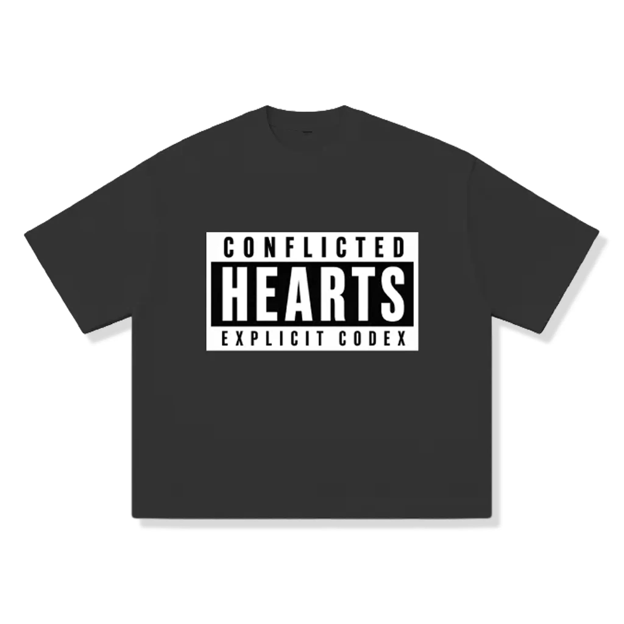 Front View of Conflicted Hearts Fractured Graphic Jet Black T-Shirt