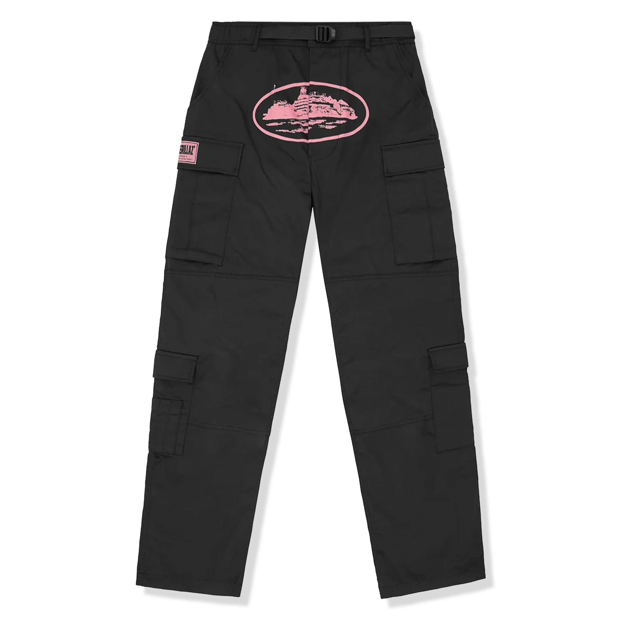 Front view of Corteiz Guerillaz Black Pink Cargo Pants