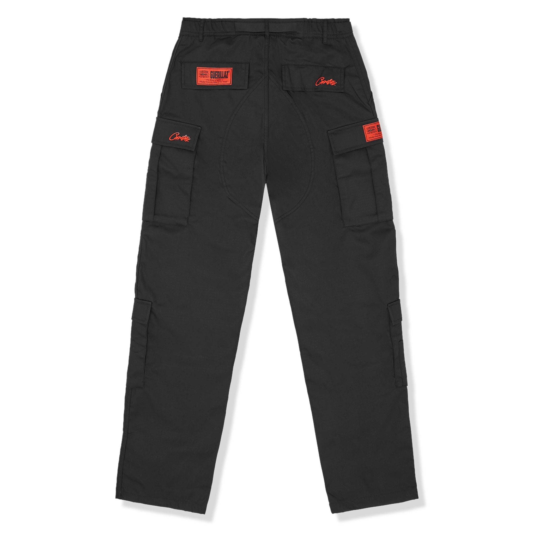 Back view of Corteiz Guerillaz Black Red Cargo Pants