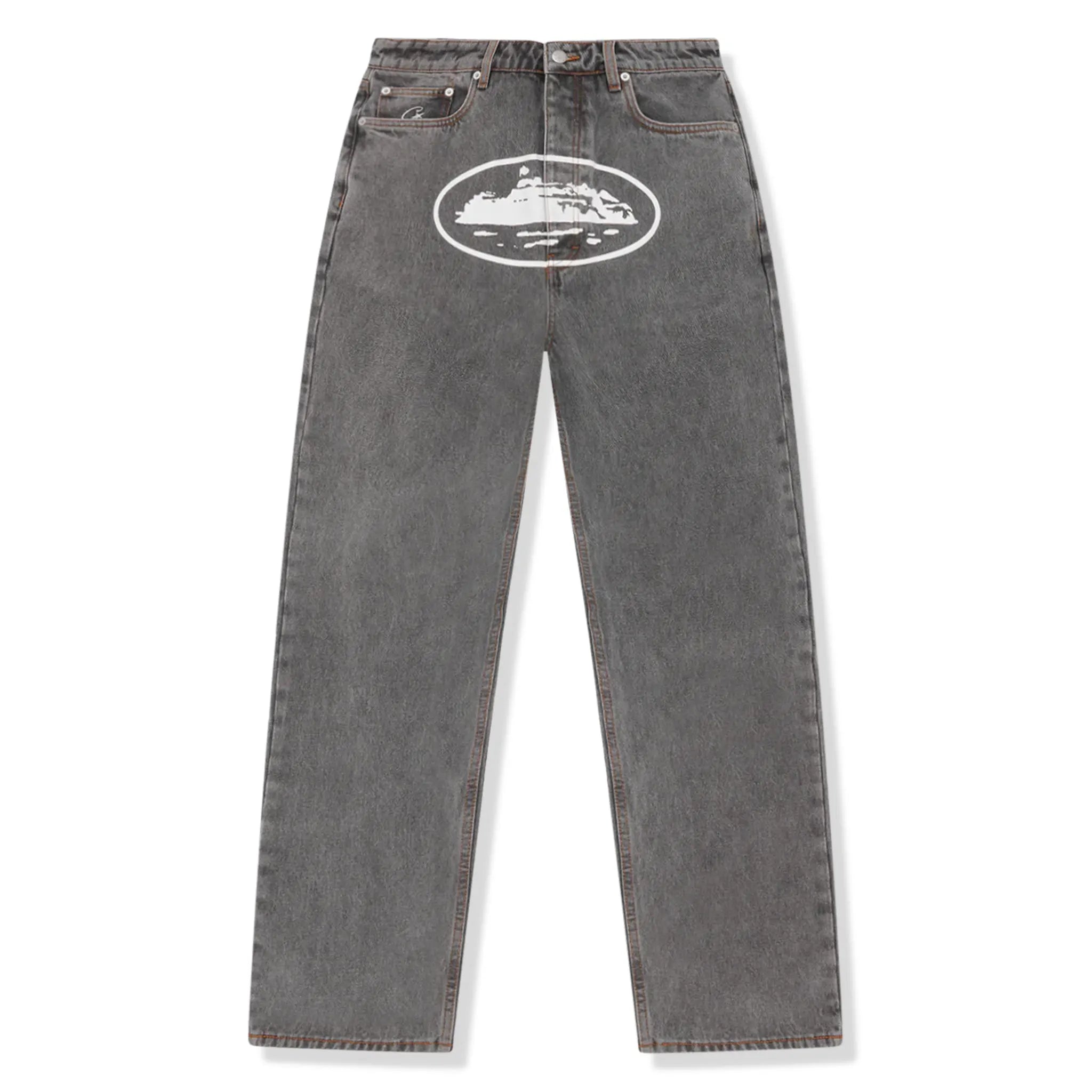Front View of Corteiz Island Baggy Jeans Light Grey