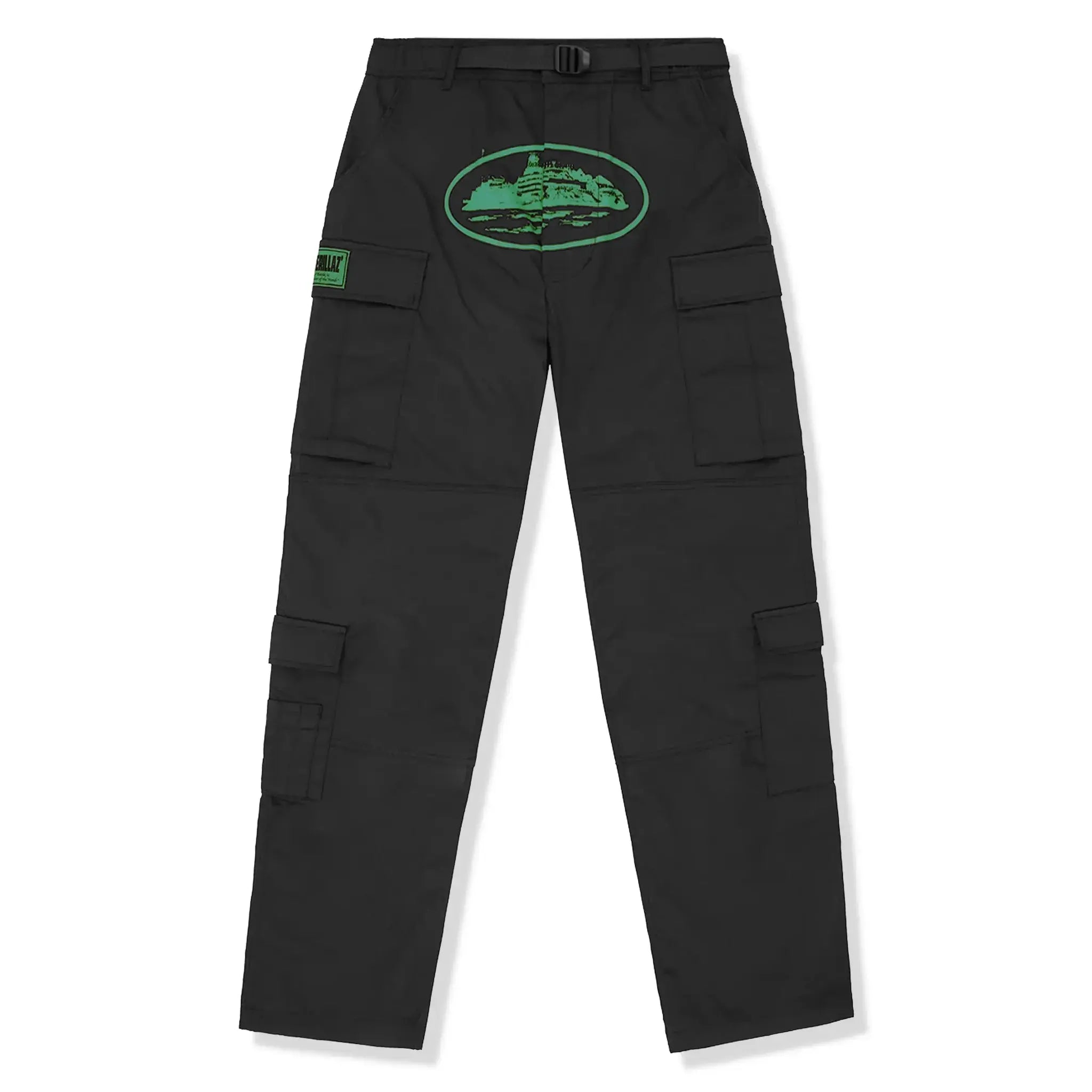 Front view of Corteiz Mula Guerillaz Black Green Cargo Pants