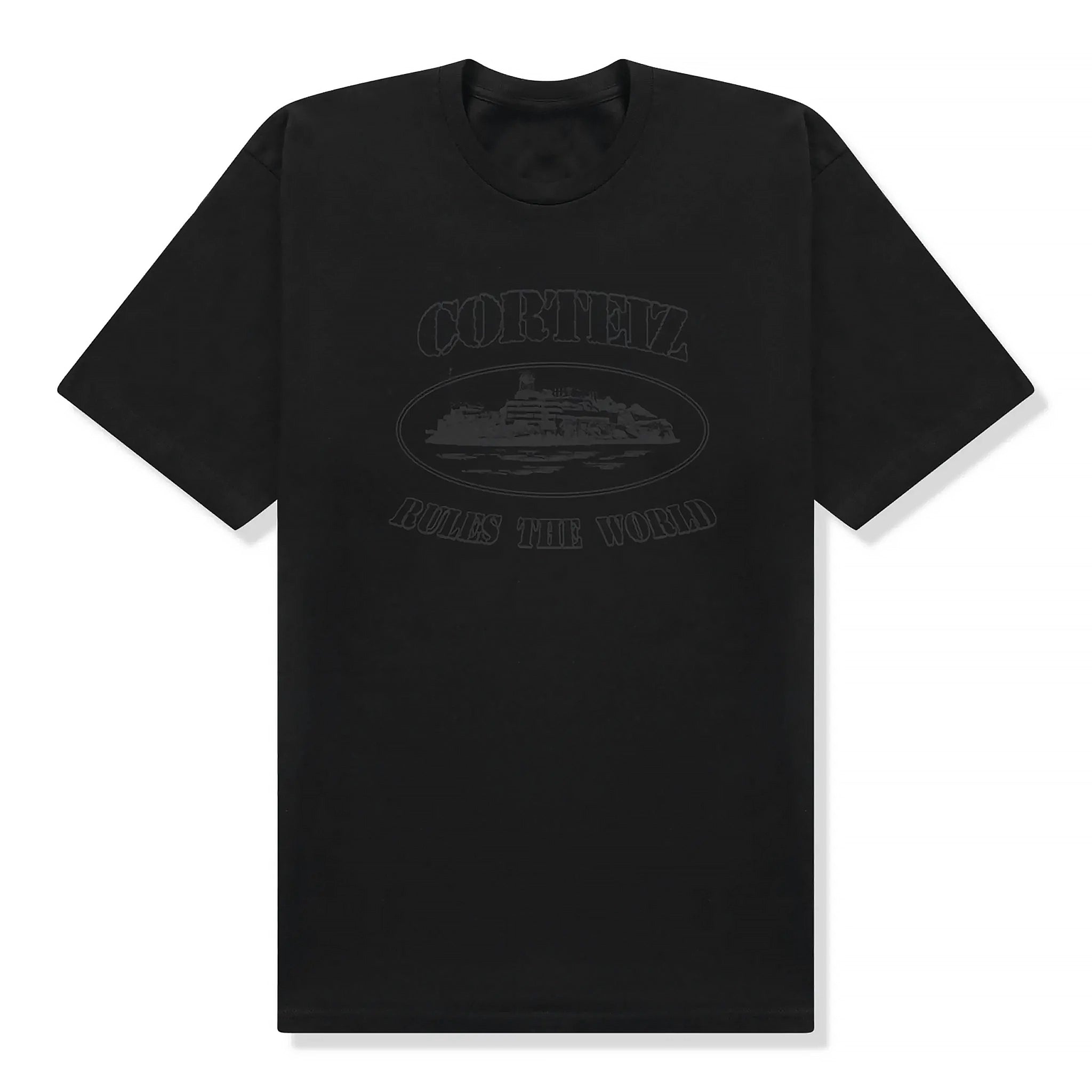 Front view of Corteiz OG Alcatraz Triple Black T Shirt