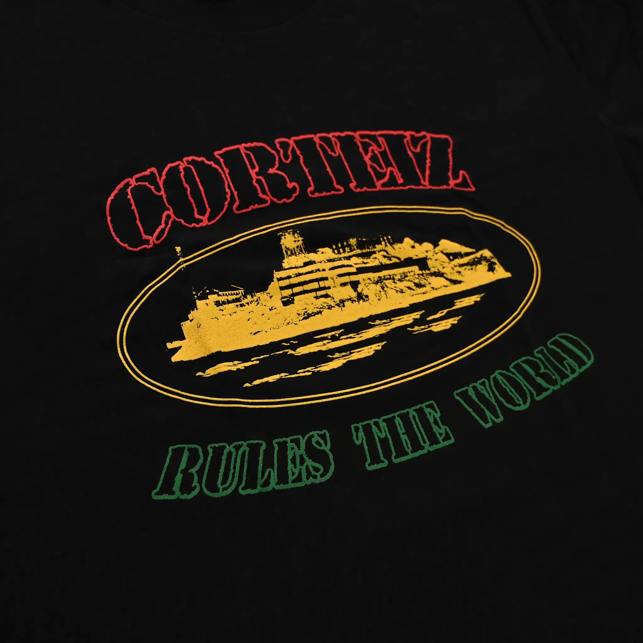 Logo view of Corteiz OG Carni Alcatraz Black T Shirt