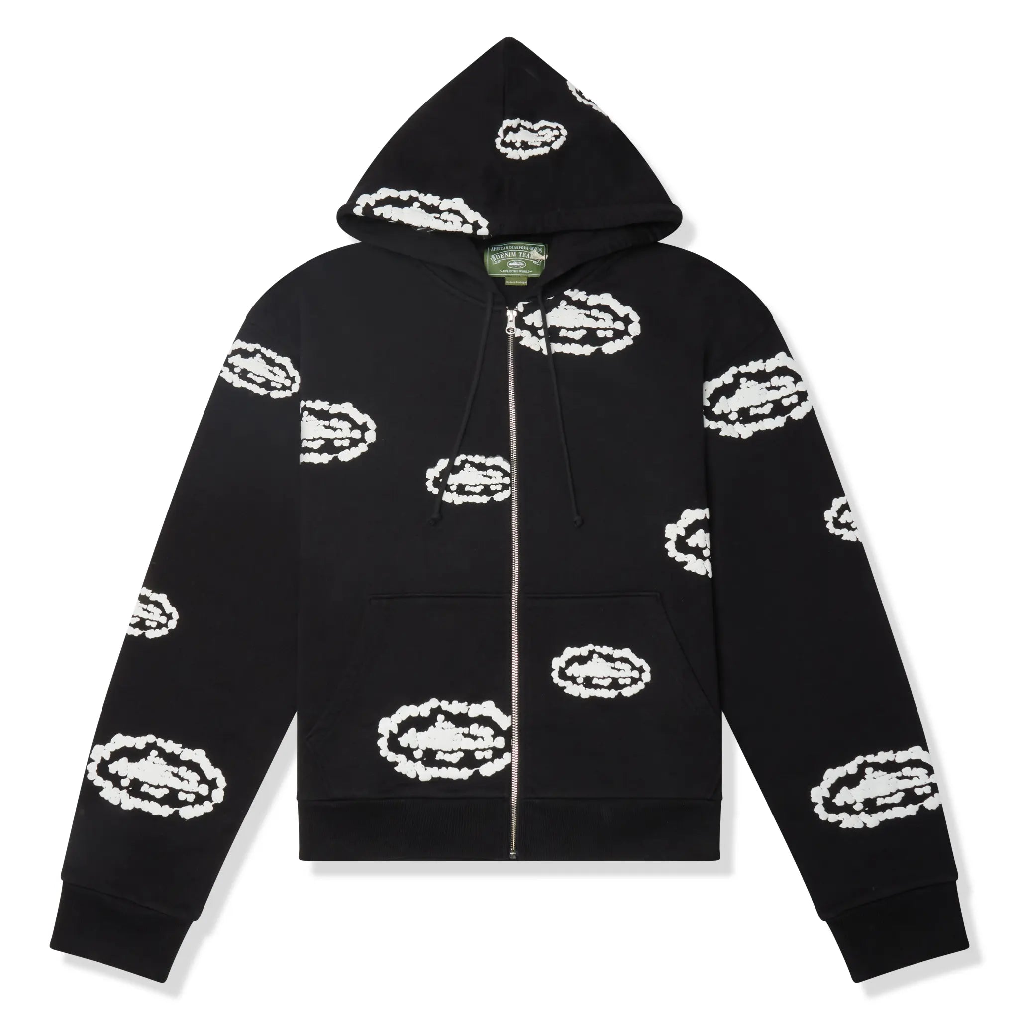 Front View of Corteiz x Denim Tears Cotton Wreath Black Zip-up Hoodie