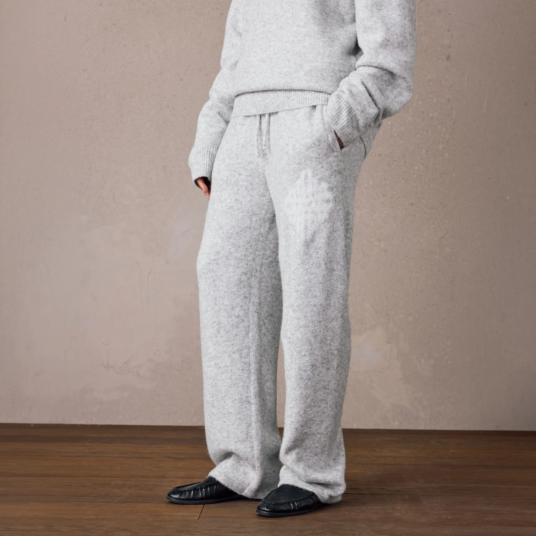 Front Side View of The Couture Club Emblem Fluff Knit Grey Marl Sweatpants TCCM3373