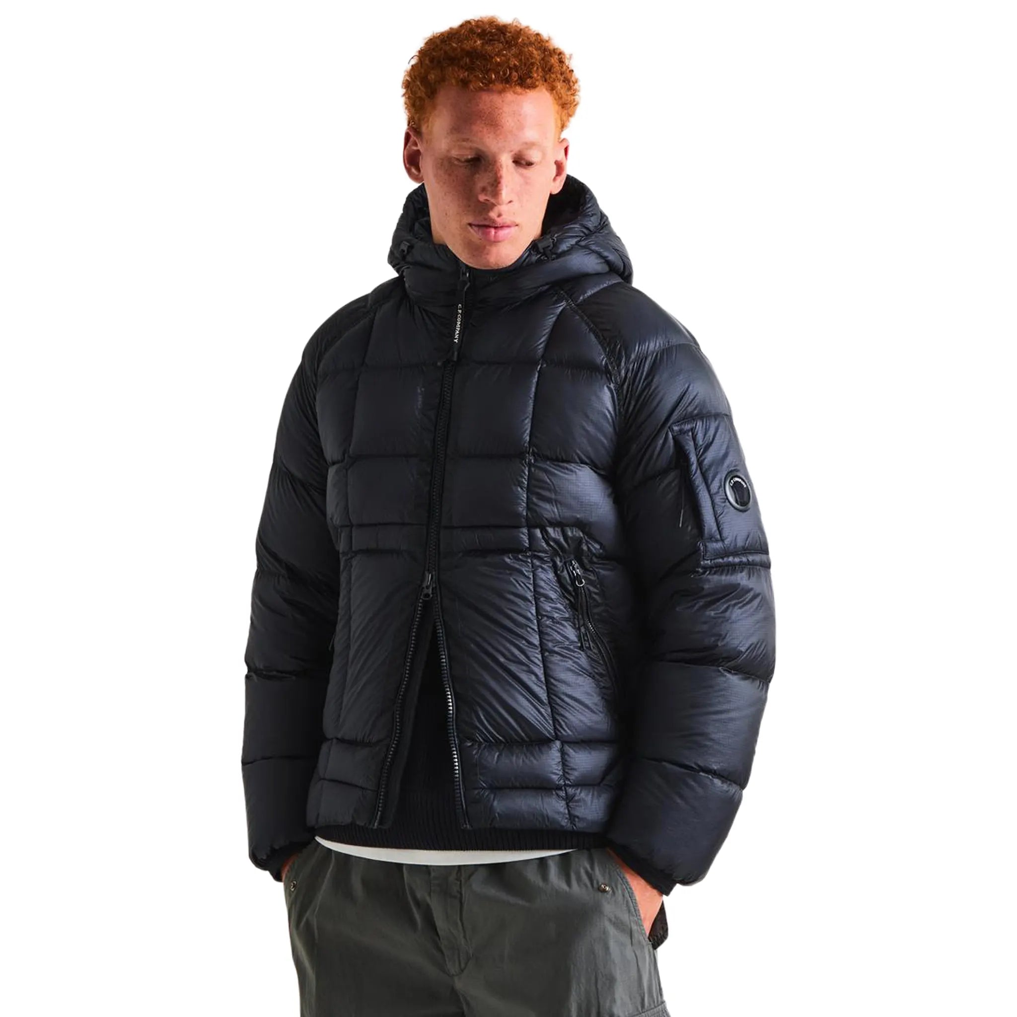 Model view of CP Company D.D. Shell Total Eclipse Blue Hooded Puffer Jacket