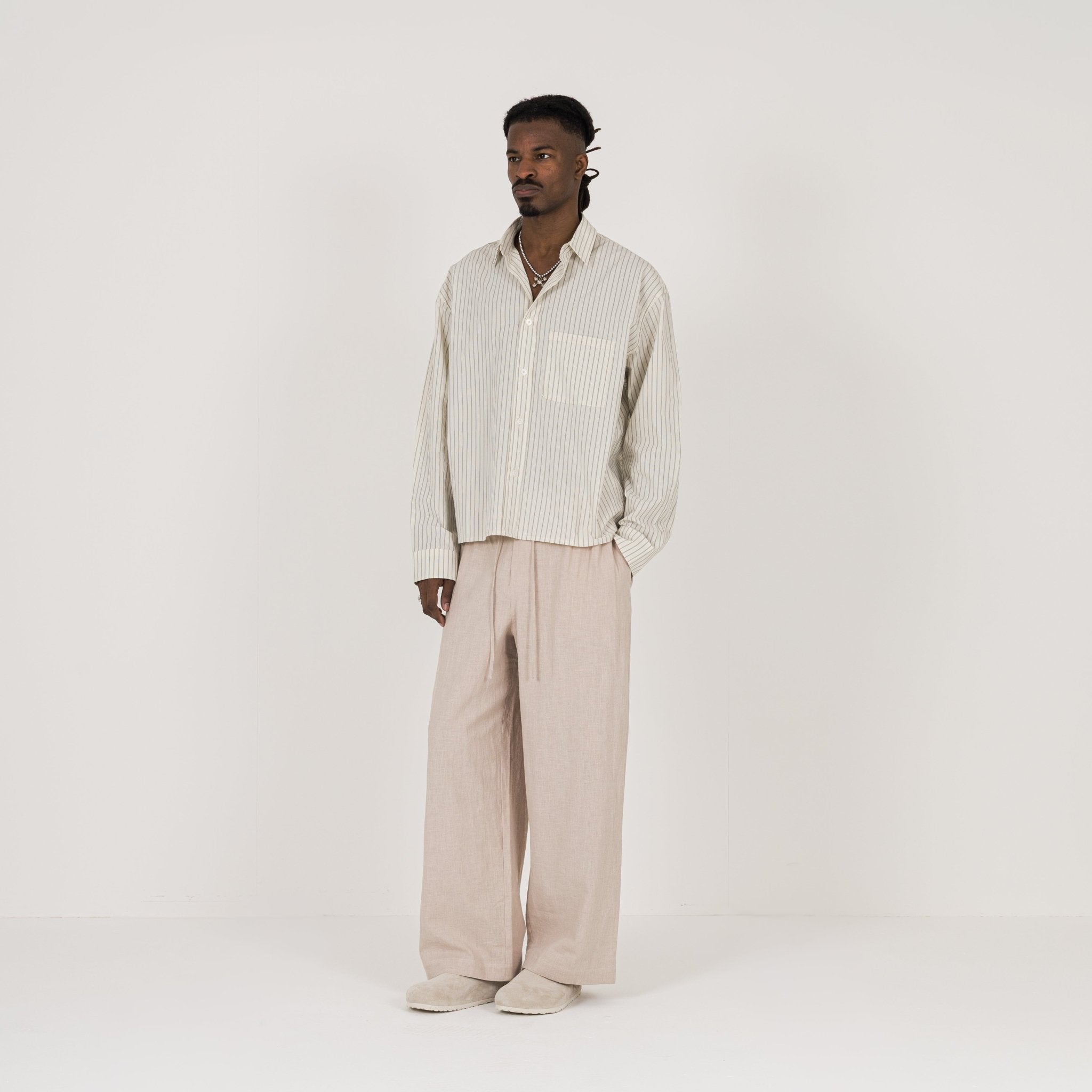 Model view of Destructive Cropped L/S Bone Pinstripe Shirt