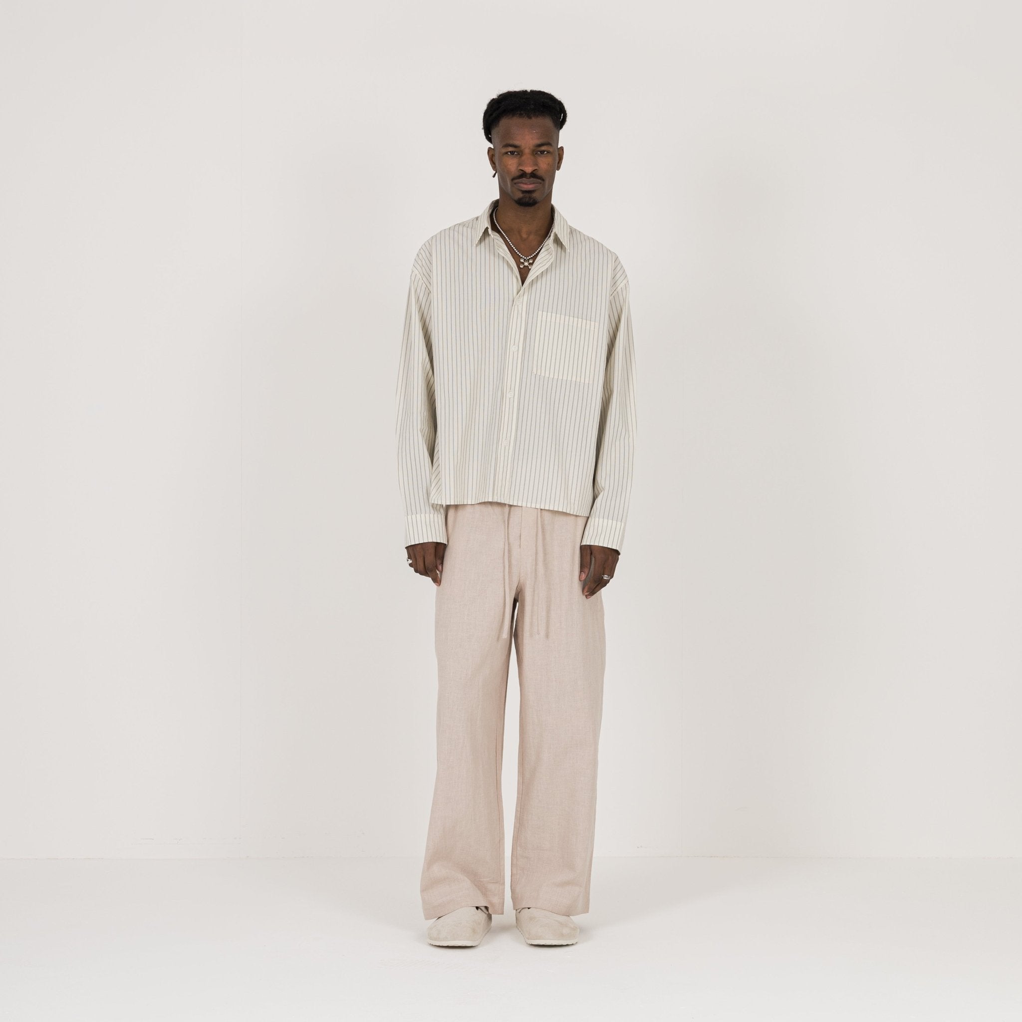 Model view of Destructive Cropped L/S Bone Pinstripe Shirt