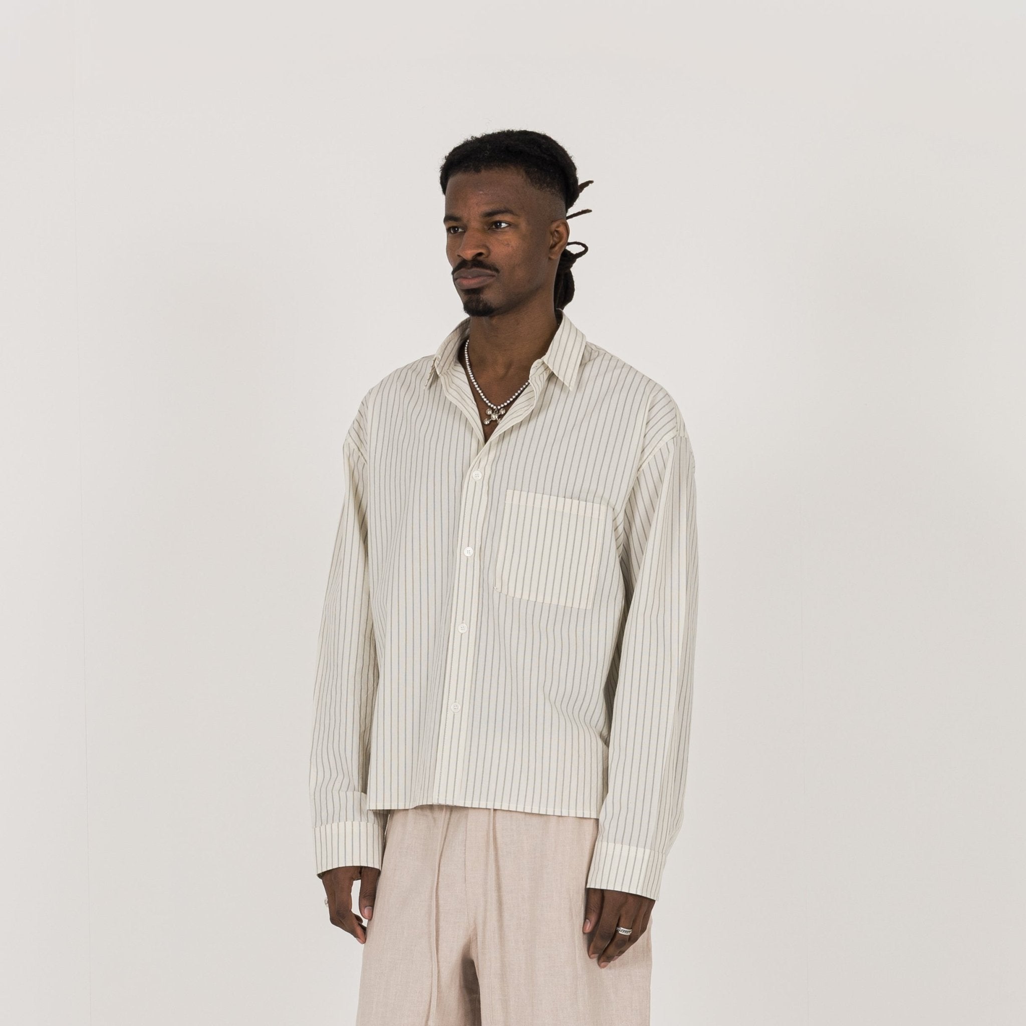 Model view of Destructive Cropped L/S Bone Pinstripe Shirt