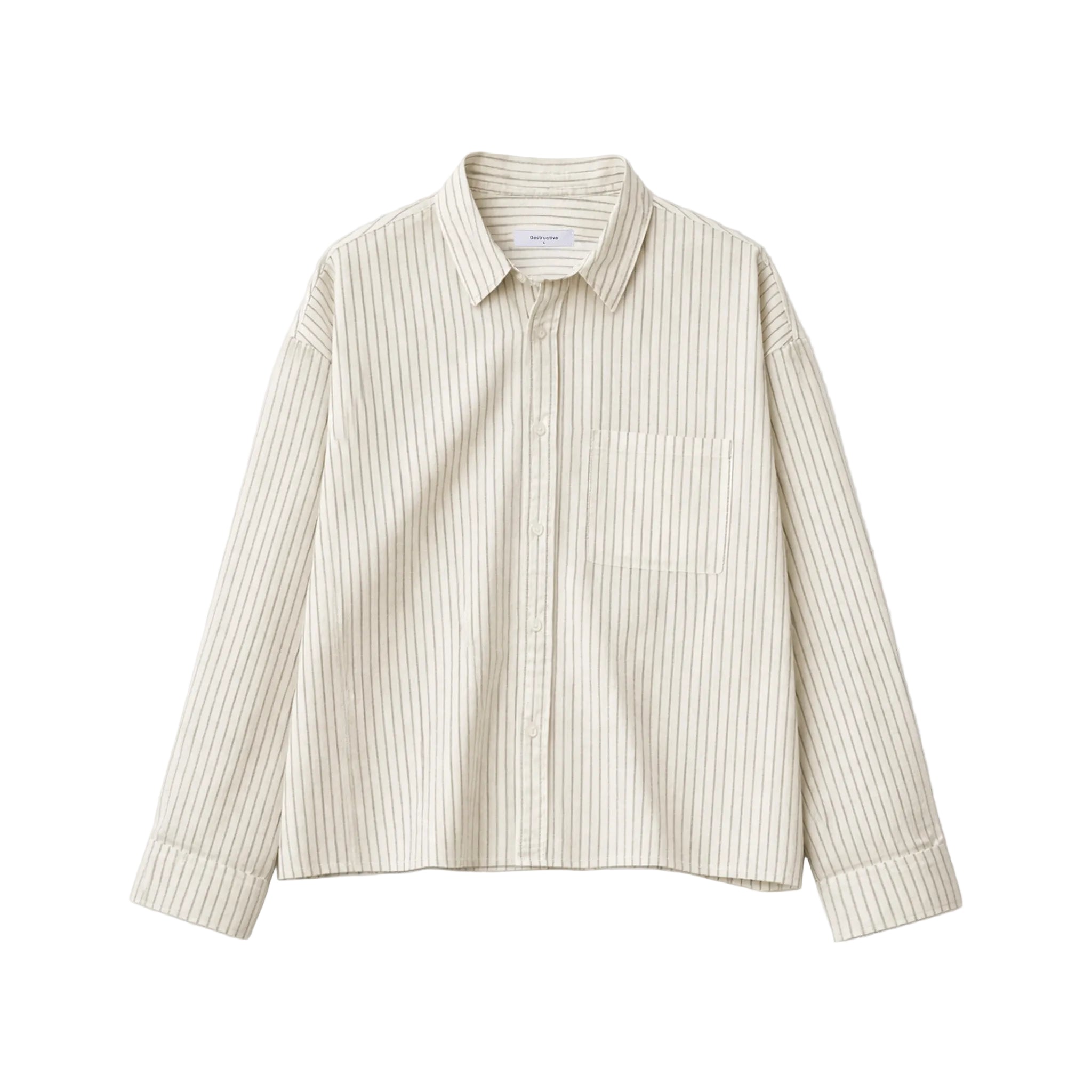 Front view of Destructive Cropped L/S Bone Pinstripe Shirt