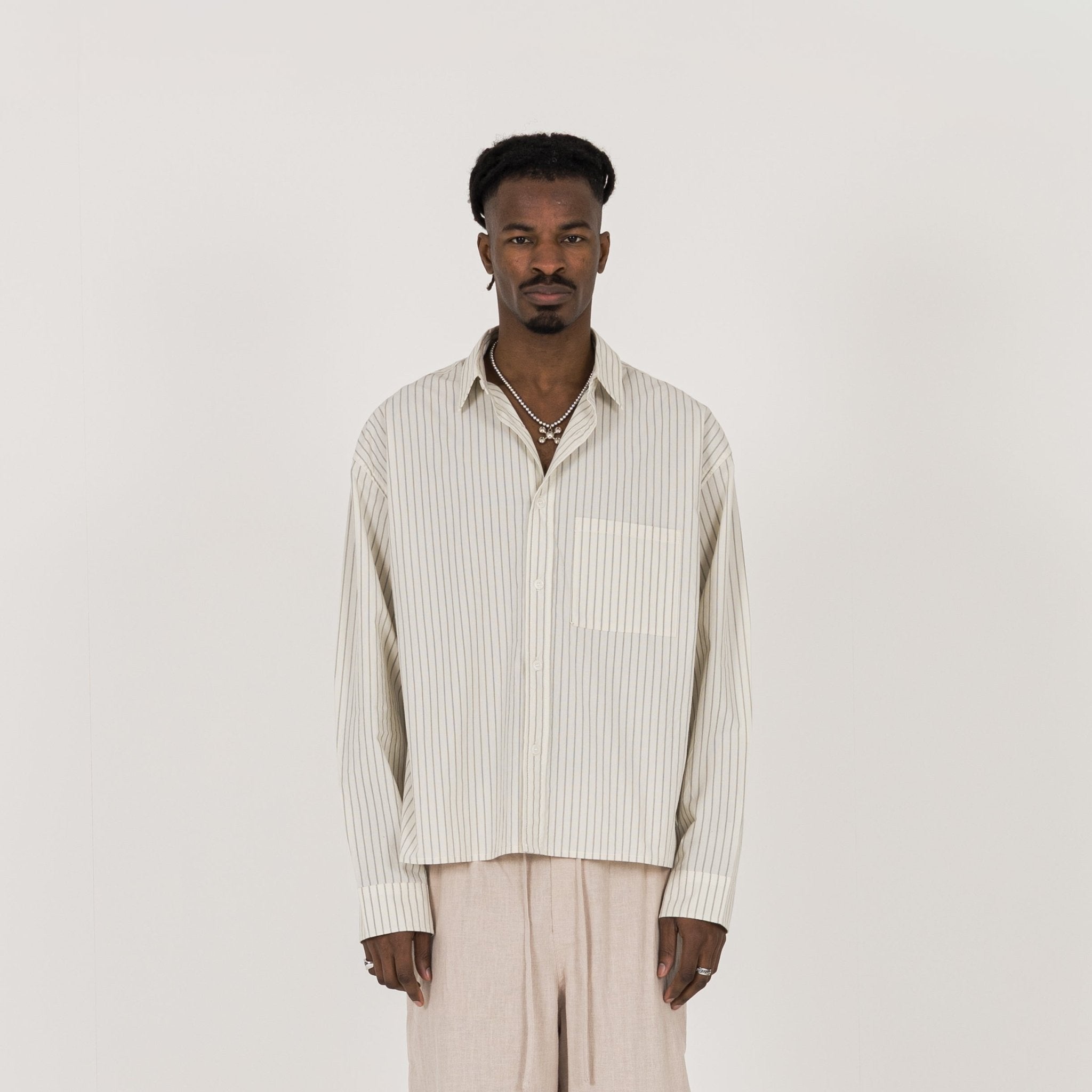 Model view of Destructive Cropped L/S Bone Pinstripe Shirt
