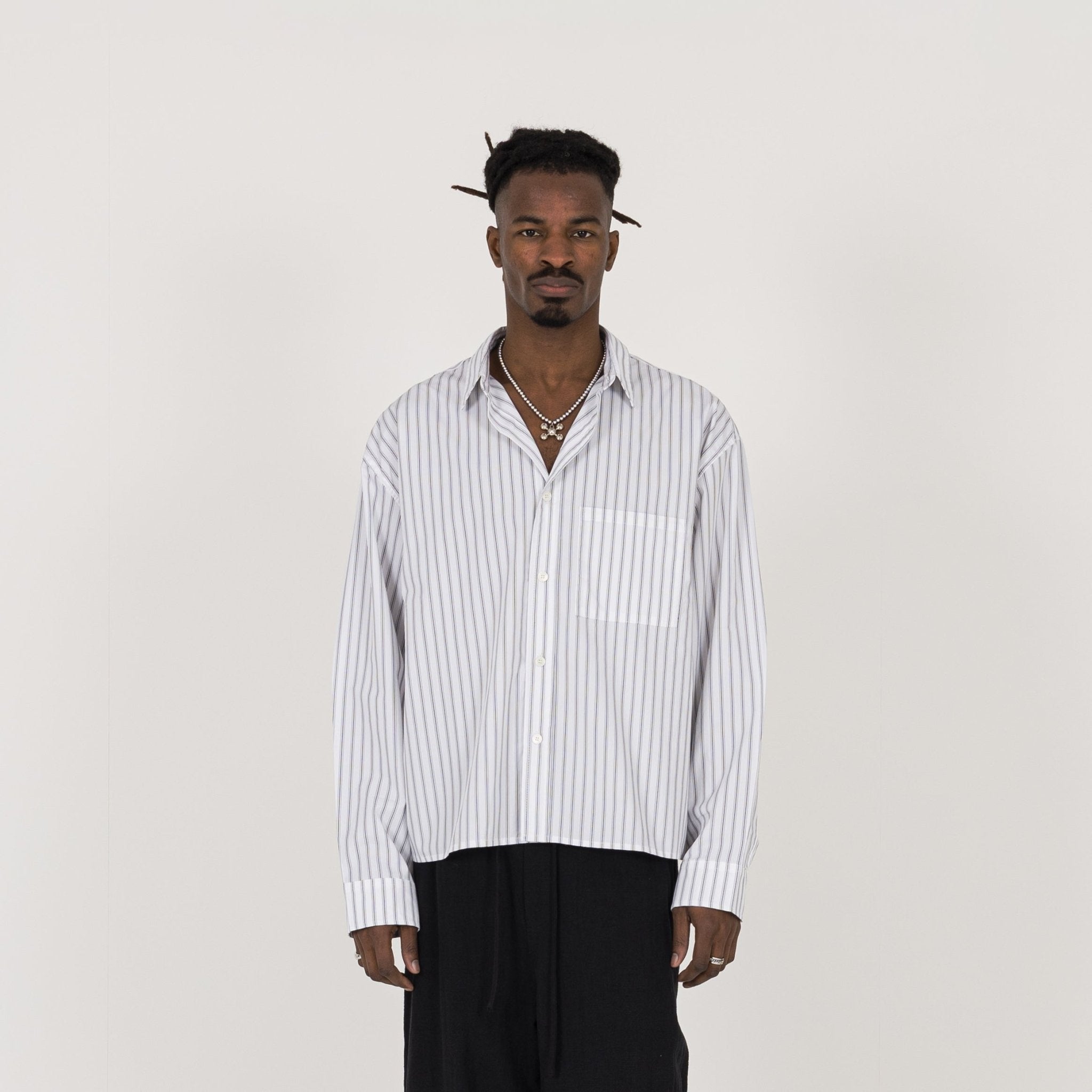 Model view of Destructive Cropped L/S White Pinstripe Shirt