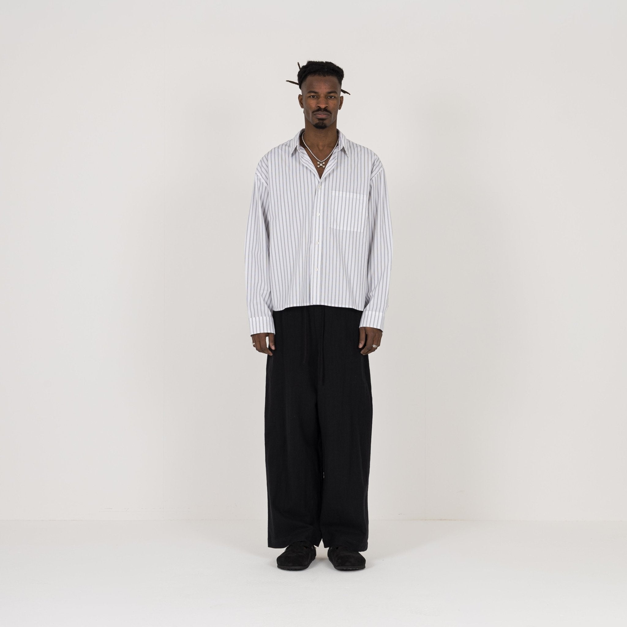 Model view of Destructive Cropped L/S White Pinstripe Shirt