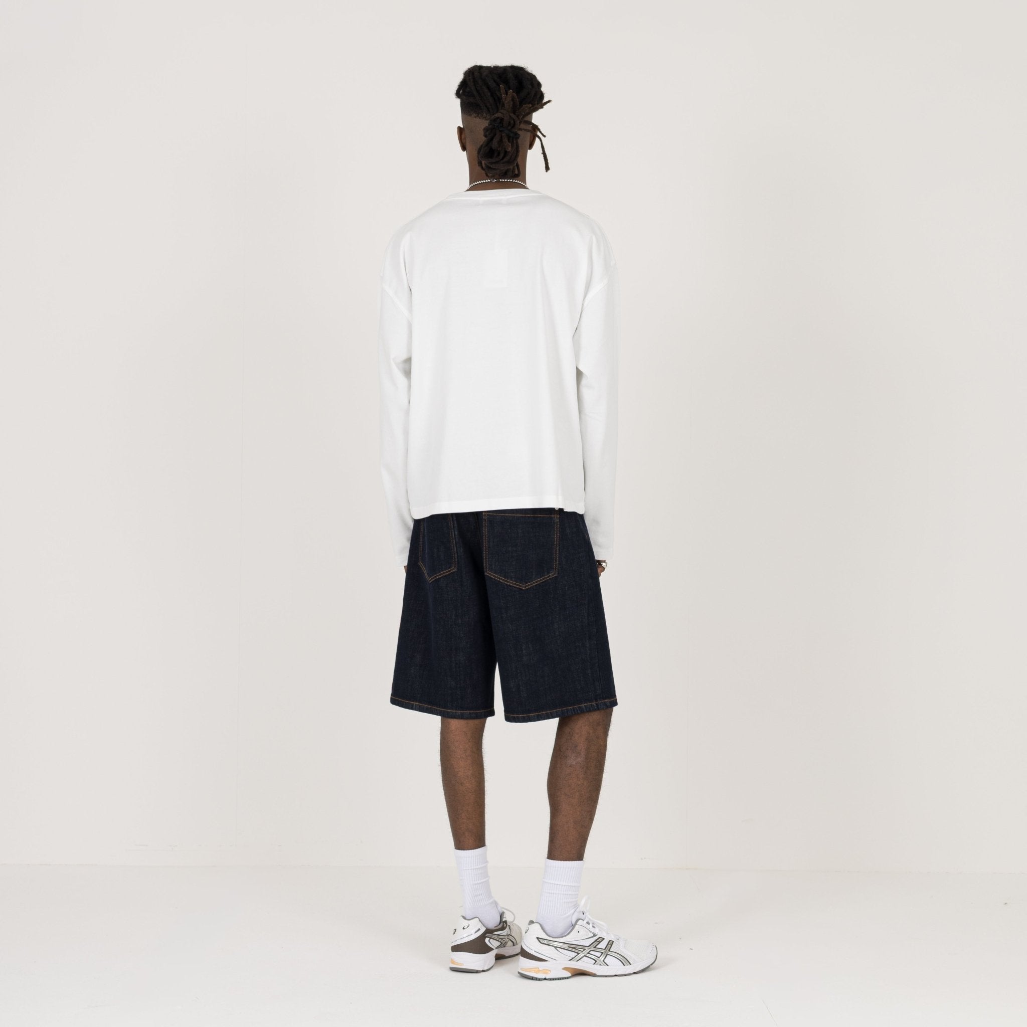 Model Back view of Destructive Cropped L/S Bone White T-Shirt
