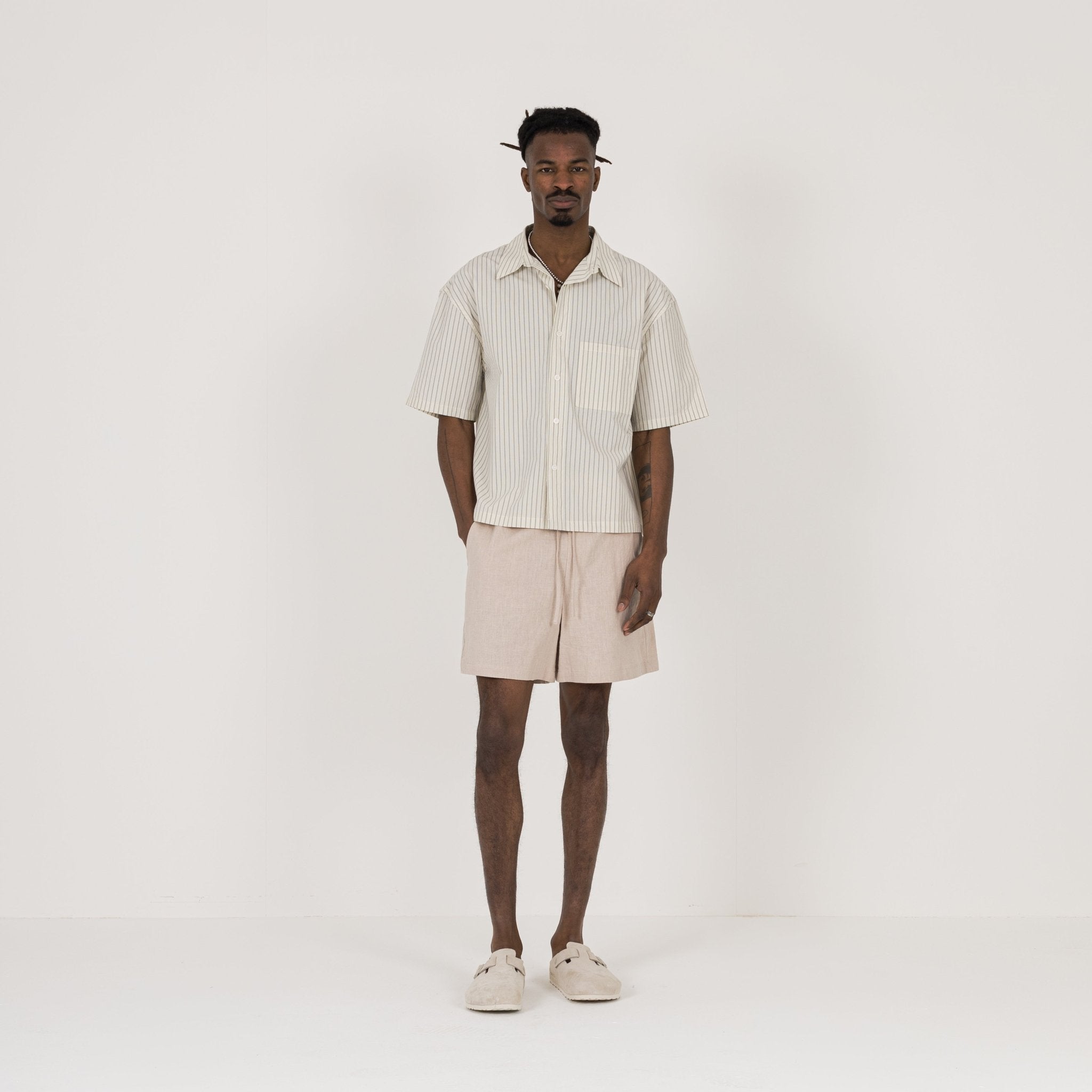 Model view of Destructive Cropped Bone Pinstripe Shirt