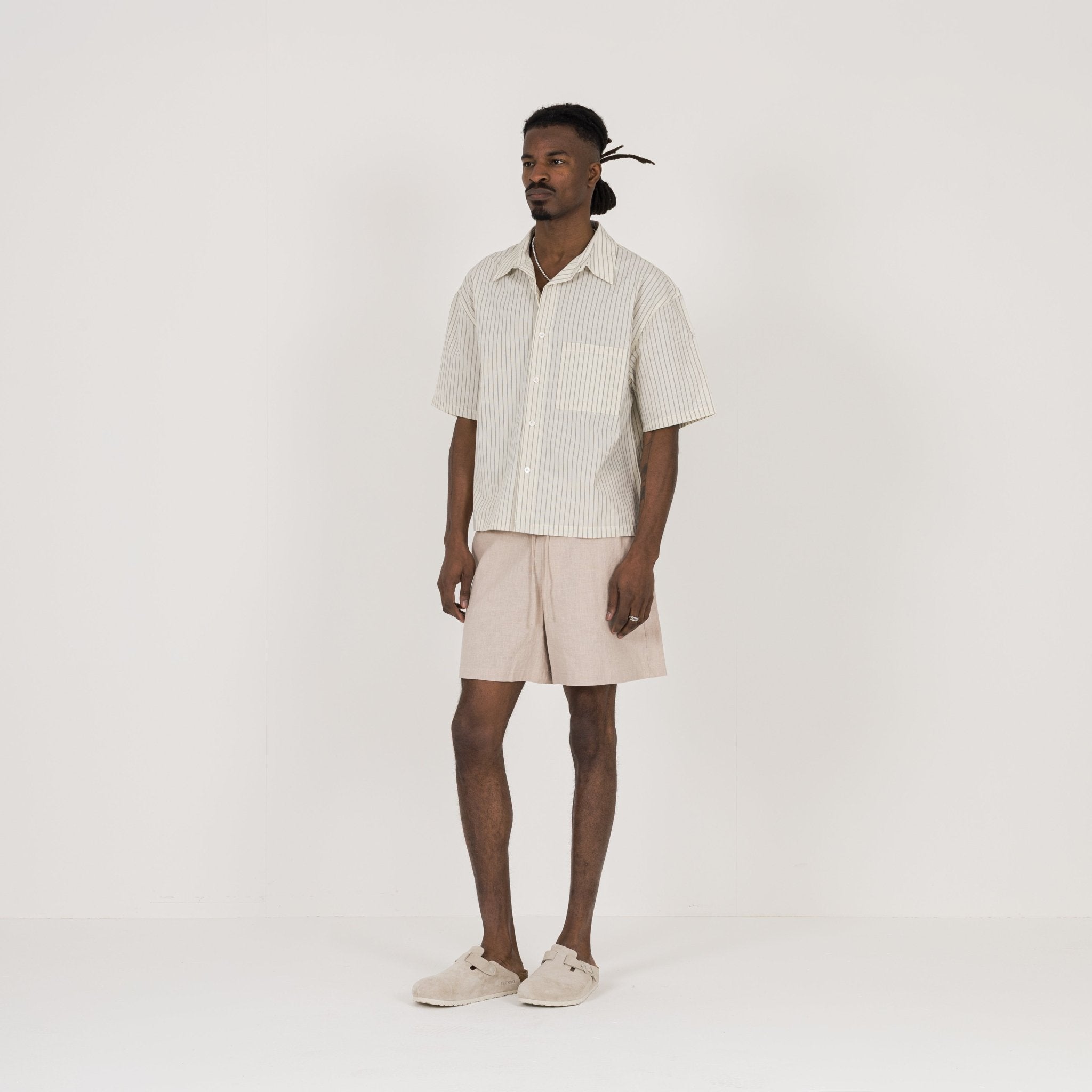 Model view of Destructive Cropped Bone Pinstripe Shirt