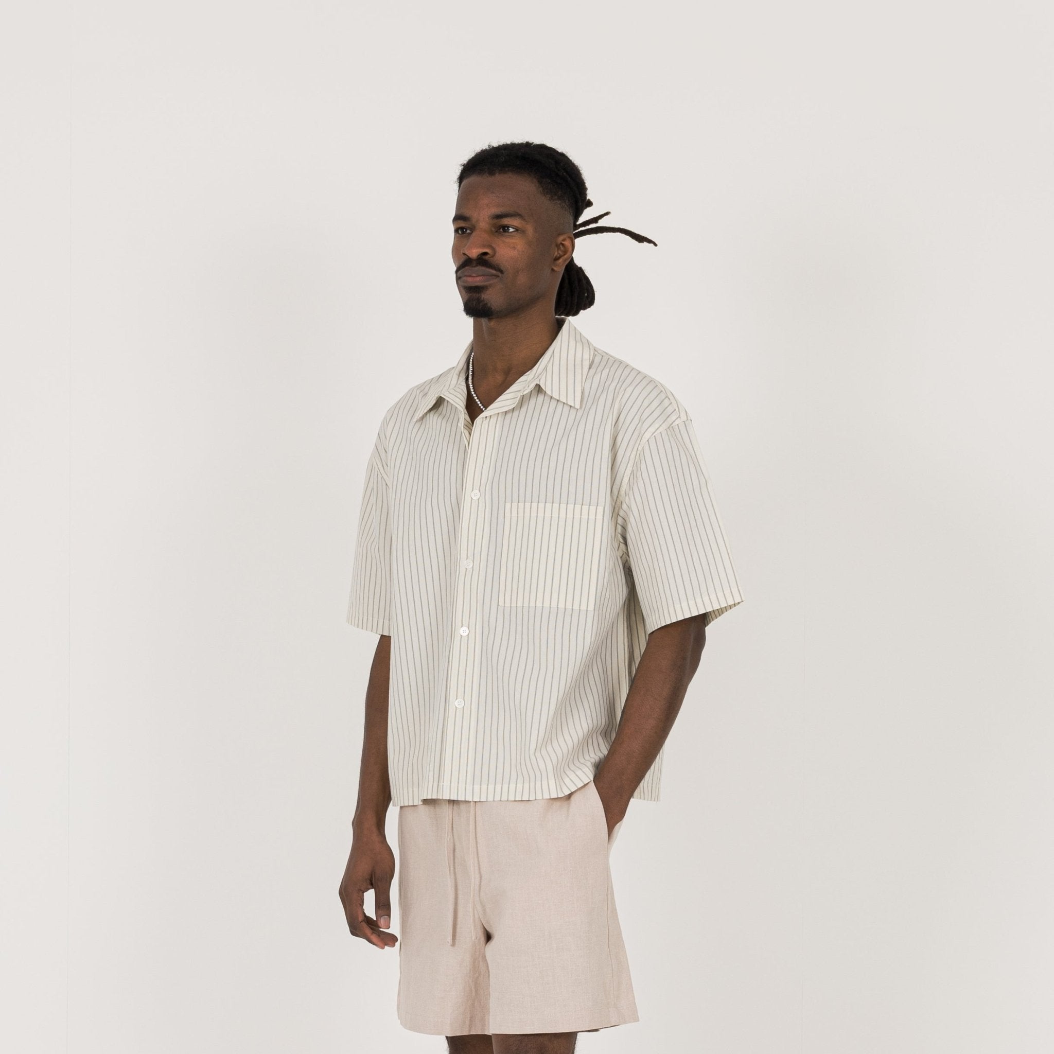 Model view of Destructive Cropped Bone Pinstripe Shirt